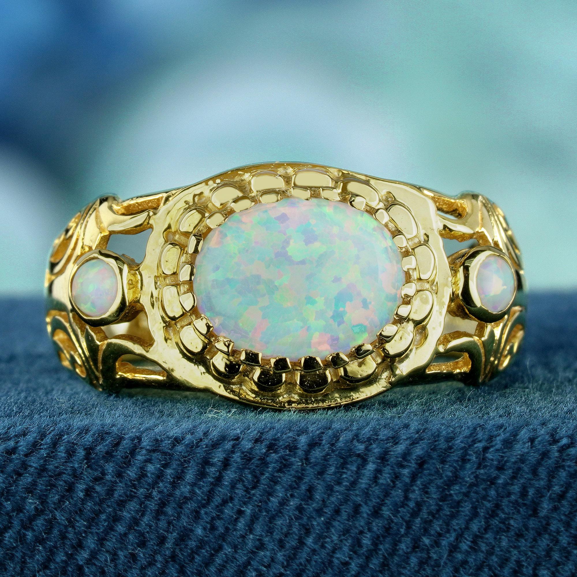 Edwardian Natural Opal Vintage Style Ring in Solid 9K Yellow Gold For Sale