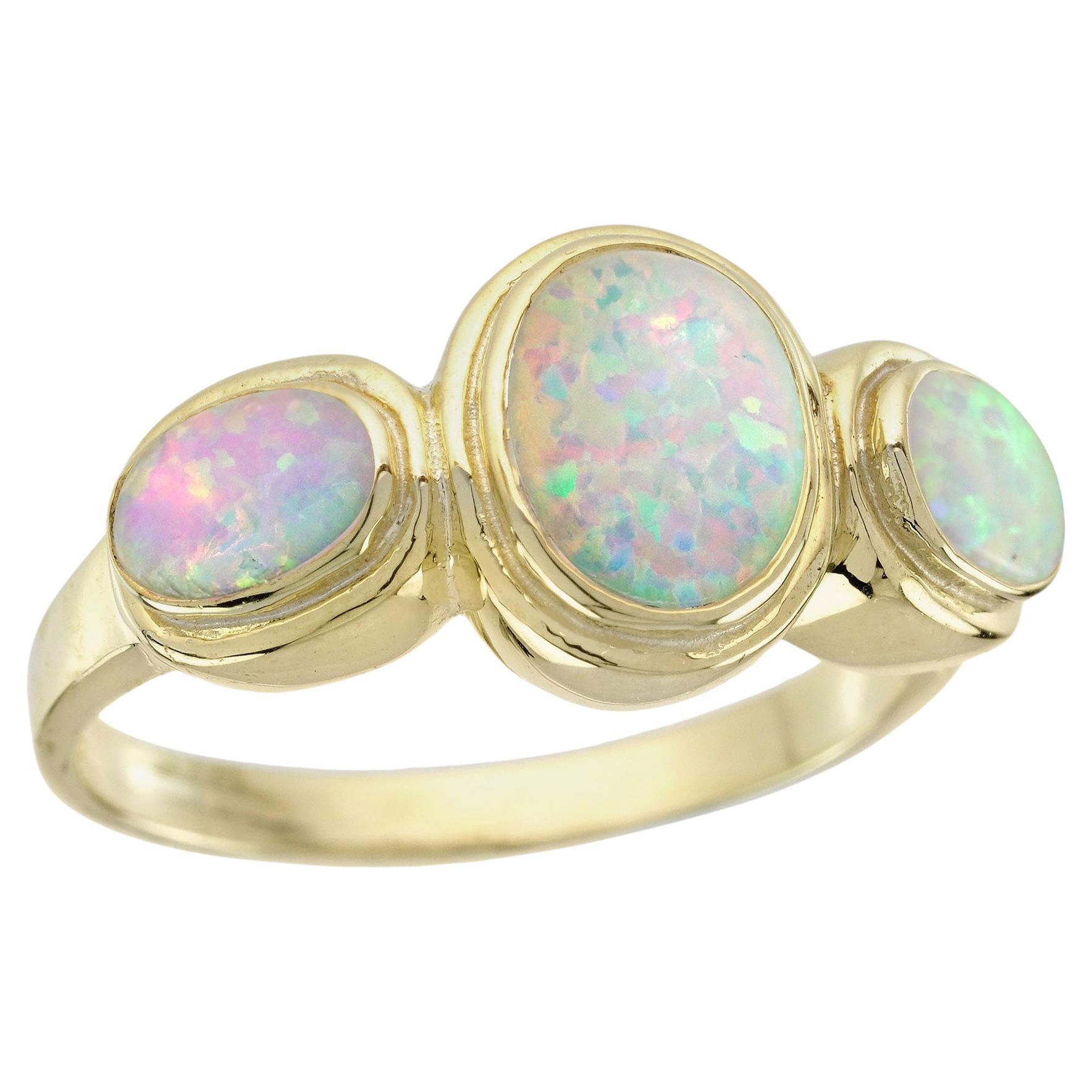 Natural Opal Vintage Style Three Stone Ring in Solid 9K Yellow Gold