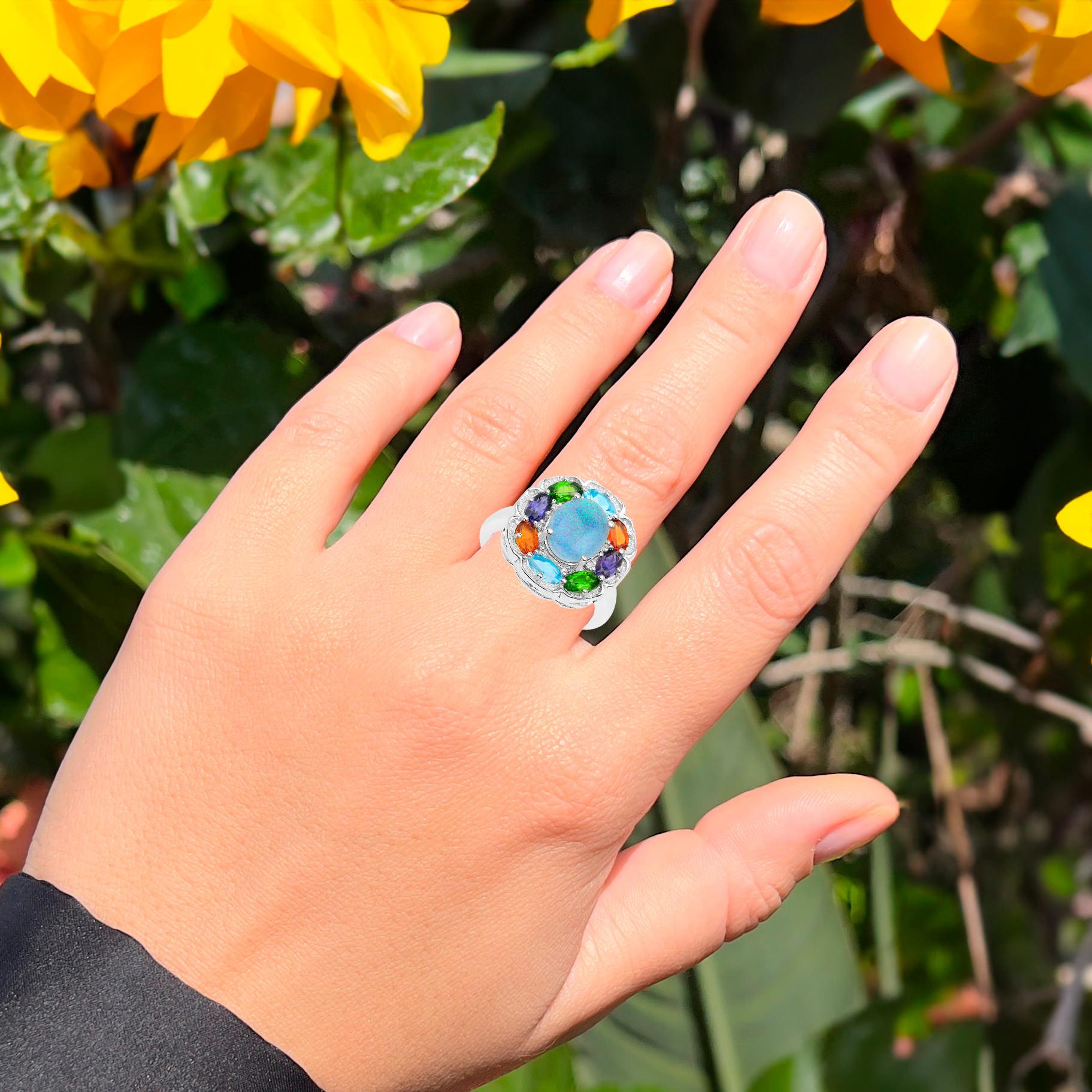 Contemporary Natural Opal White & Blue Topaz Chrome Diopside Citrine 3.70 Carat Cocktail Ring For Sale