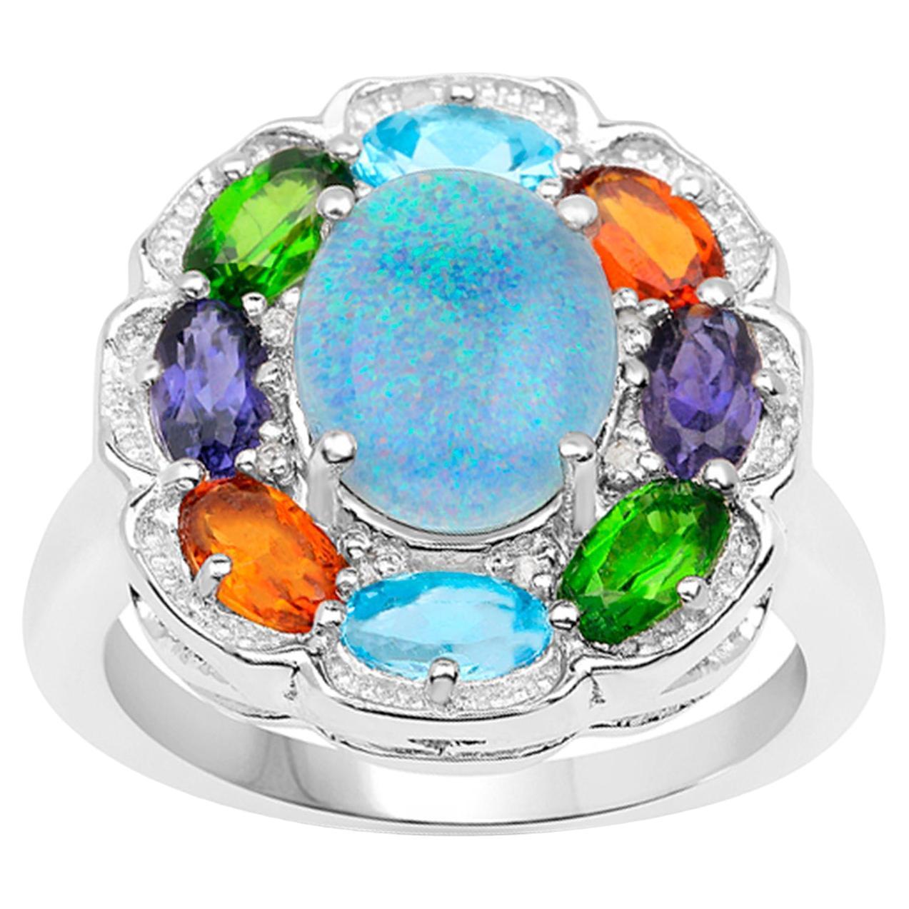 Bague cocktail en opale naturelle blanche et topaze bleue chromée Diopside Citrine 3,70 carats