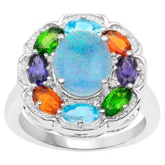 Bague cocktail en opale naturelle blanche et topaze bleue chromée Diopside Citrine 3,70 carats