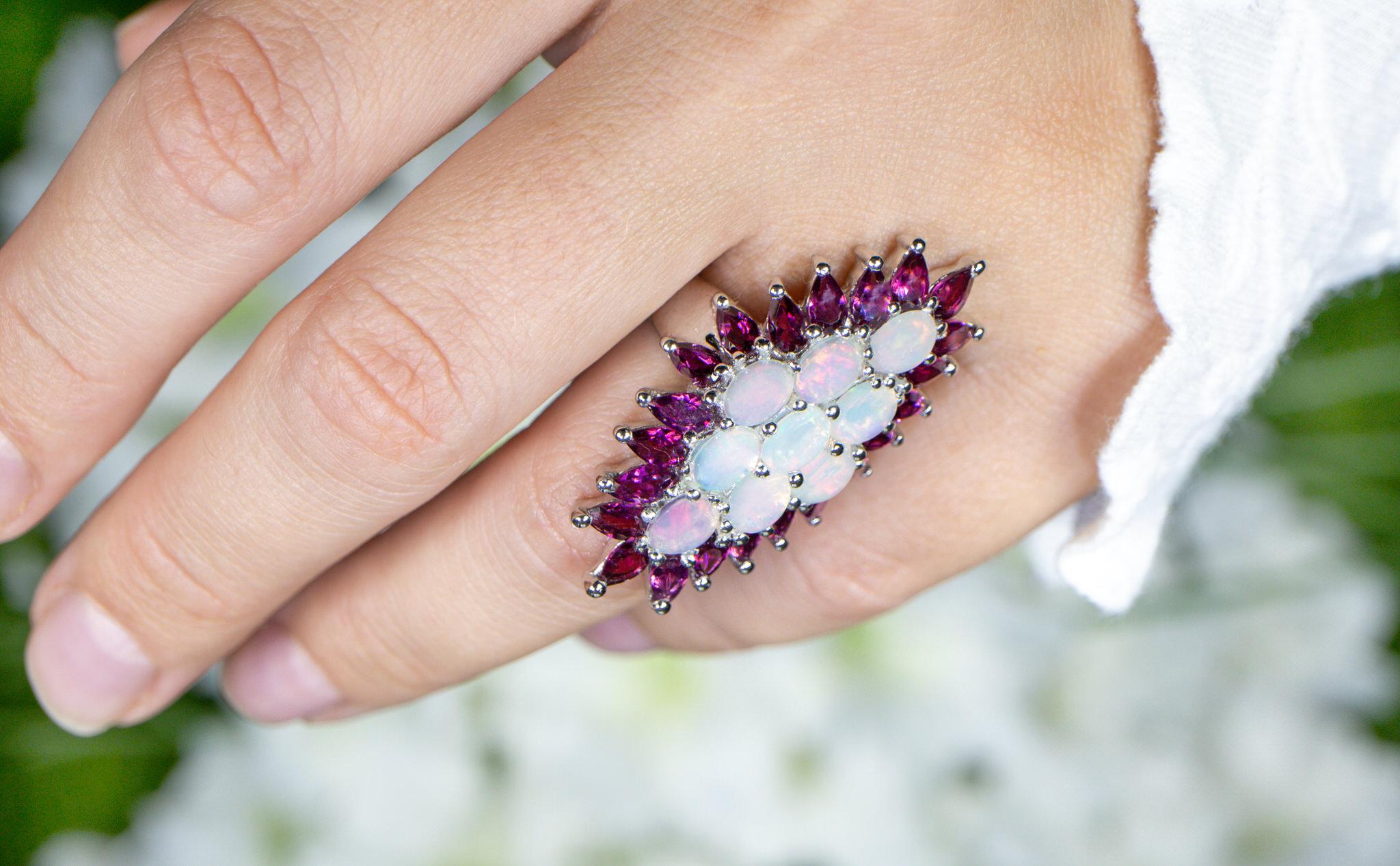 Mixed Cut Natural Opals and Rhodolite Garnets Cocktail Ring 8.40 Carats For Sale