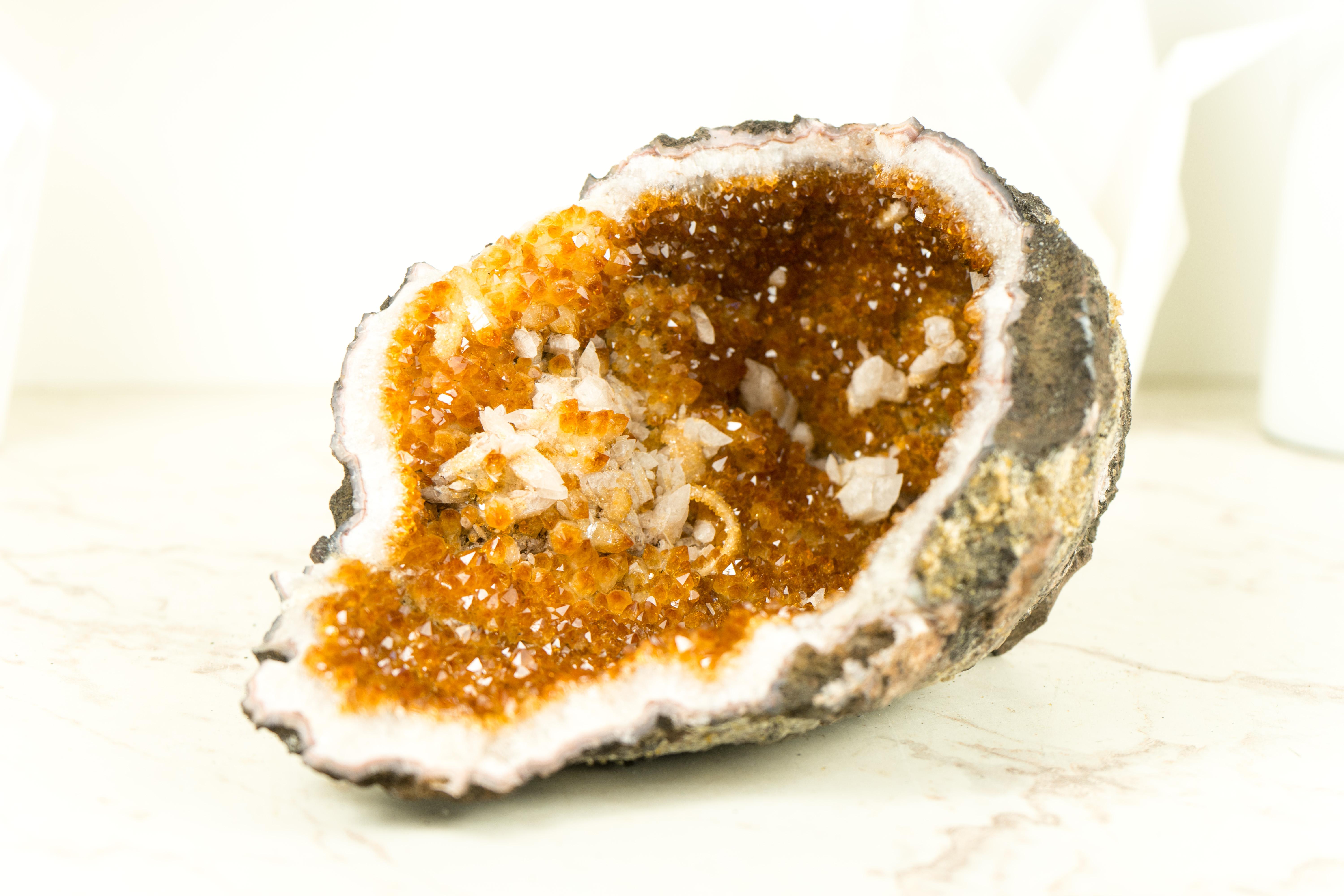 Natural Orange Citrine Geode Cave with Calcite Inclusions, Natural Decor Crystal For Sale 5