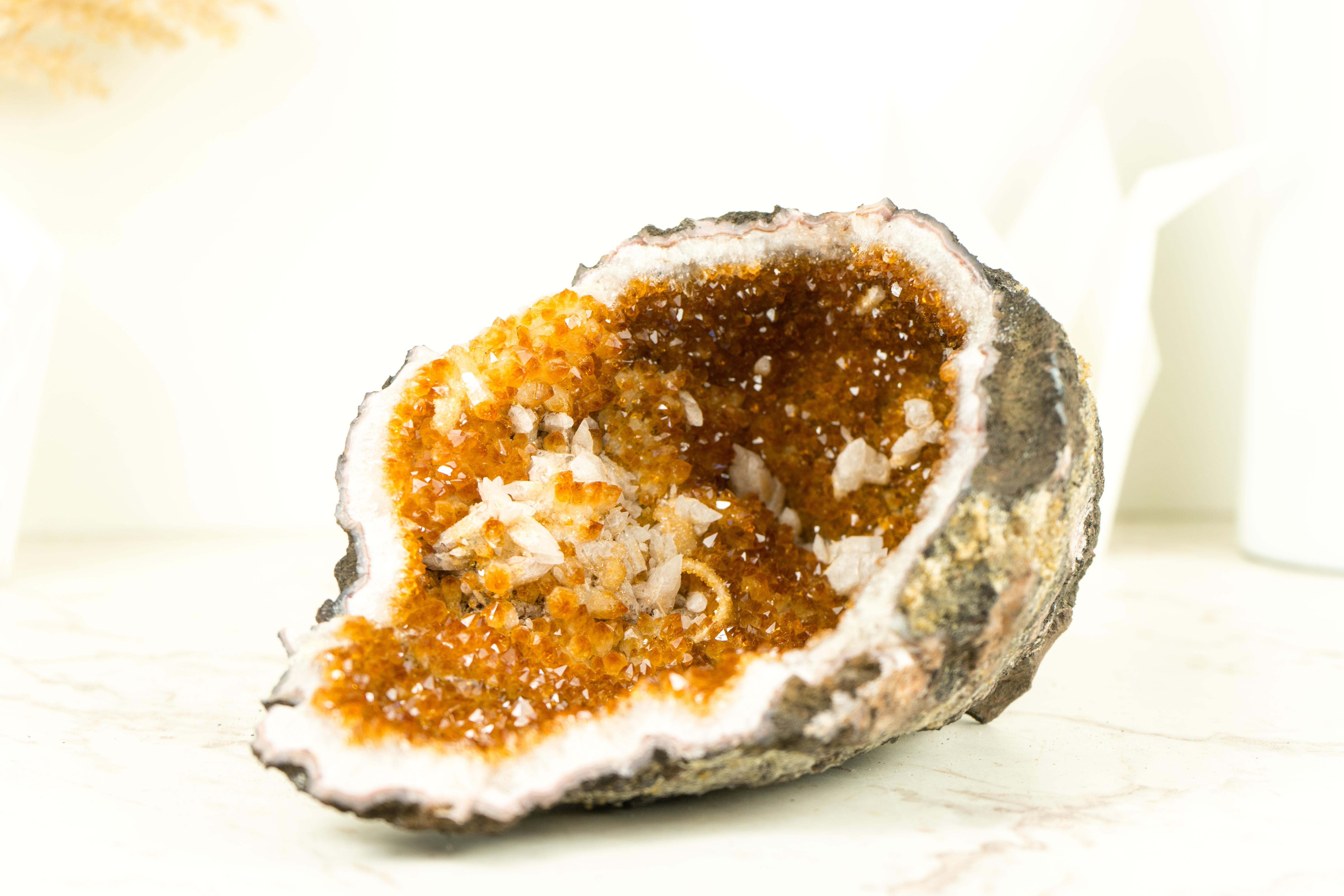 Natural Orange Citrine Geode Cave with Calcite Inclusions, Natural Decor Crystal For Sale 3