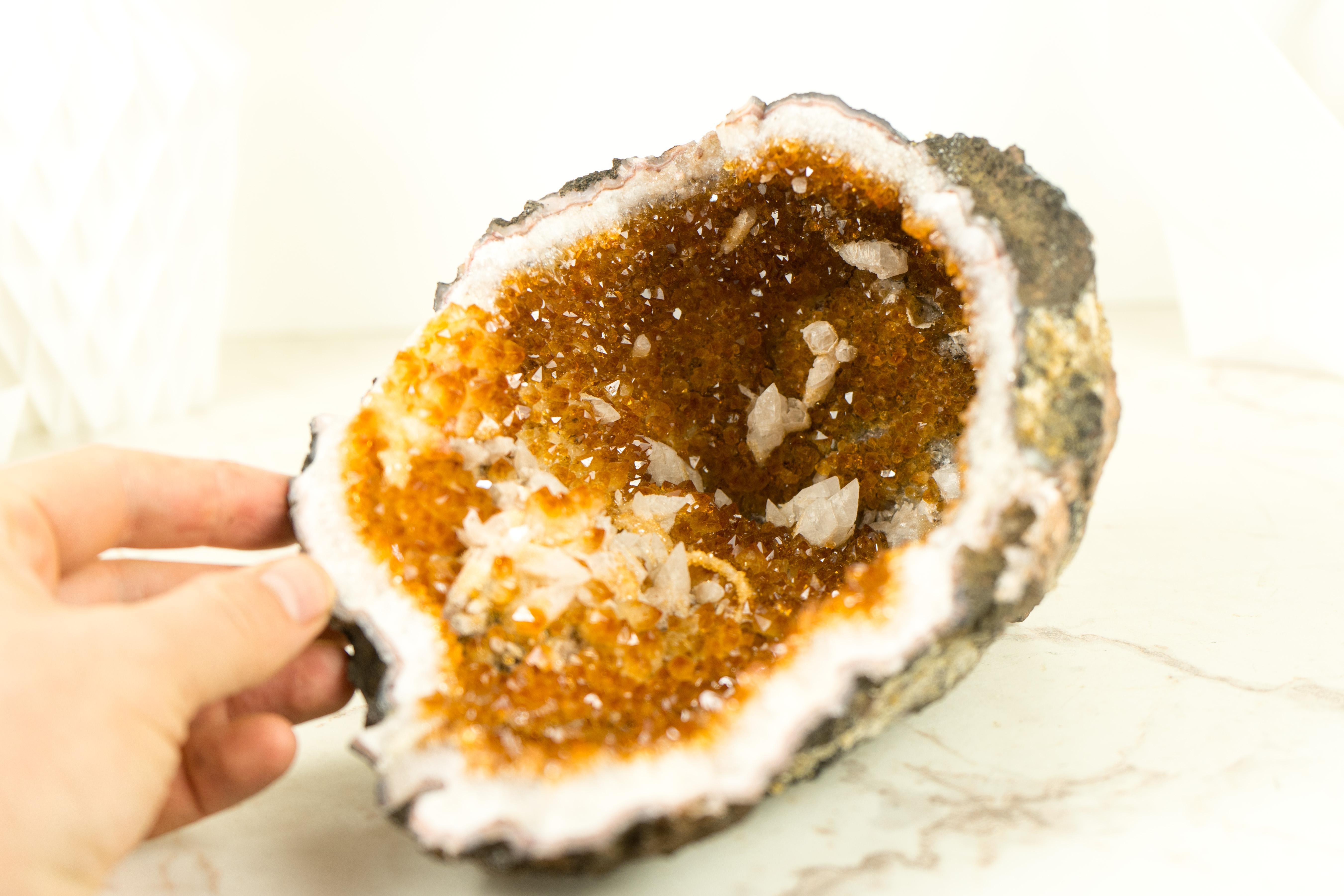 Brazilian Natural Orange Citrine Geode Cave with Calcite Inclusions, Natural Decor Crystal For Sale