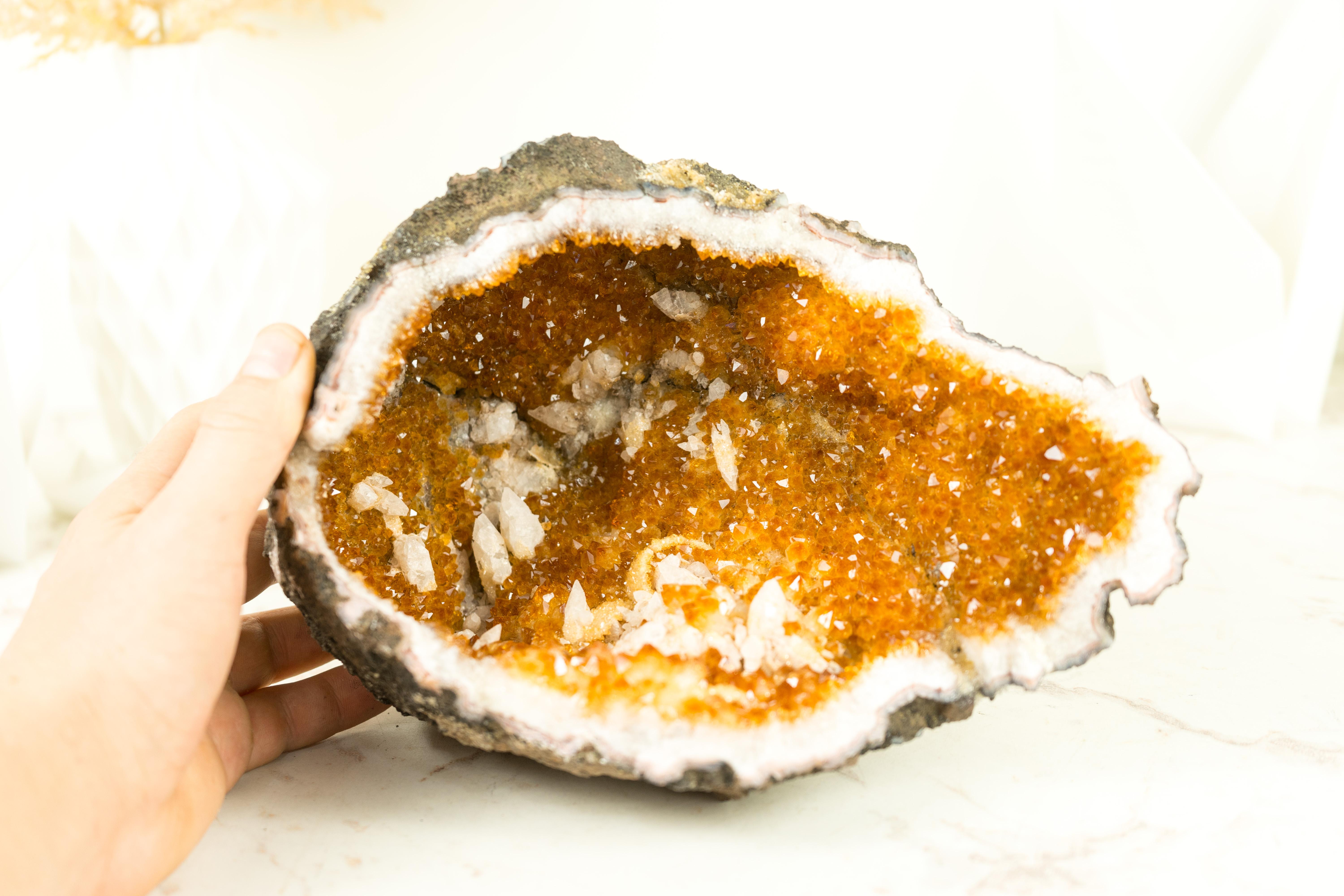 Contemporary Natural Orange Citrine Geode Cave with Calcite Inclusions, Natural Decor Crystal For Sale