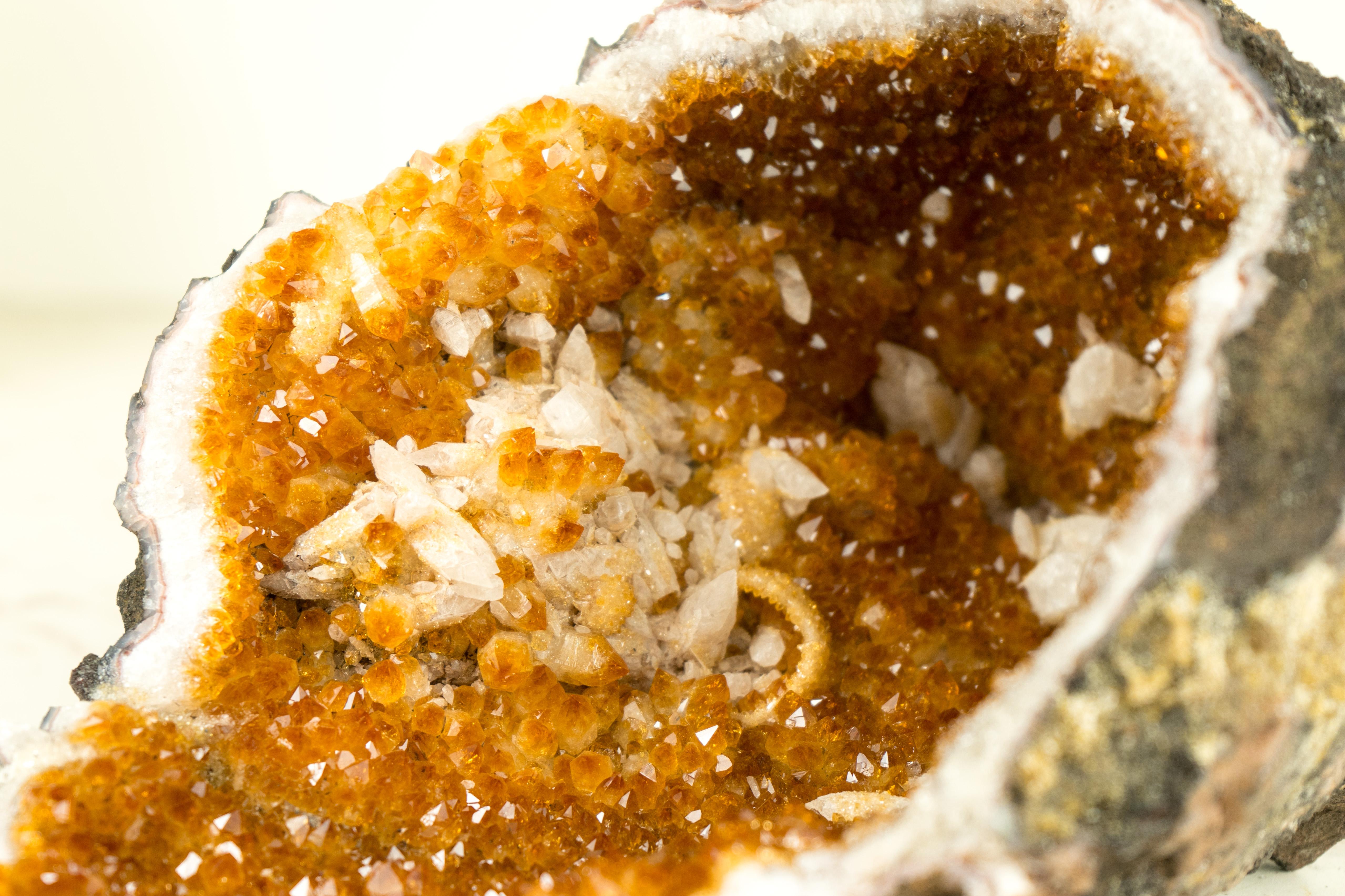 Amethyst Natural Orange Citrine Geode Cave with Calcite Inclusions, Natural Decor Crystal For Sale