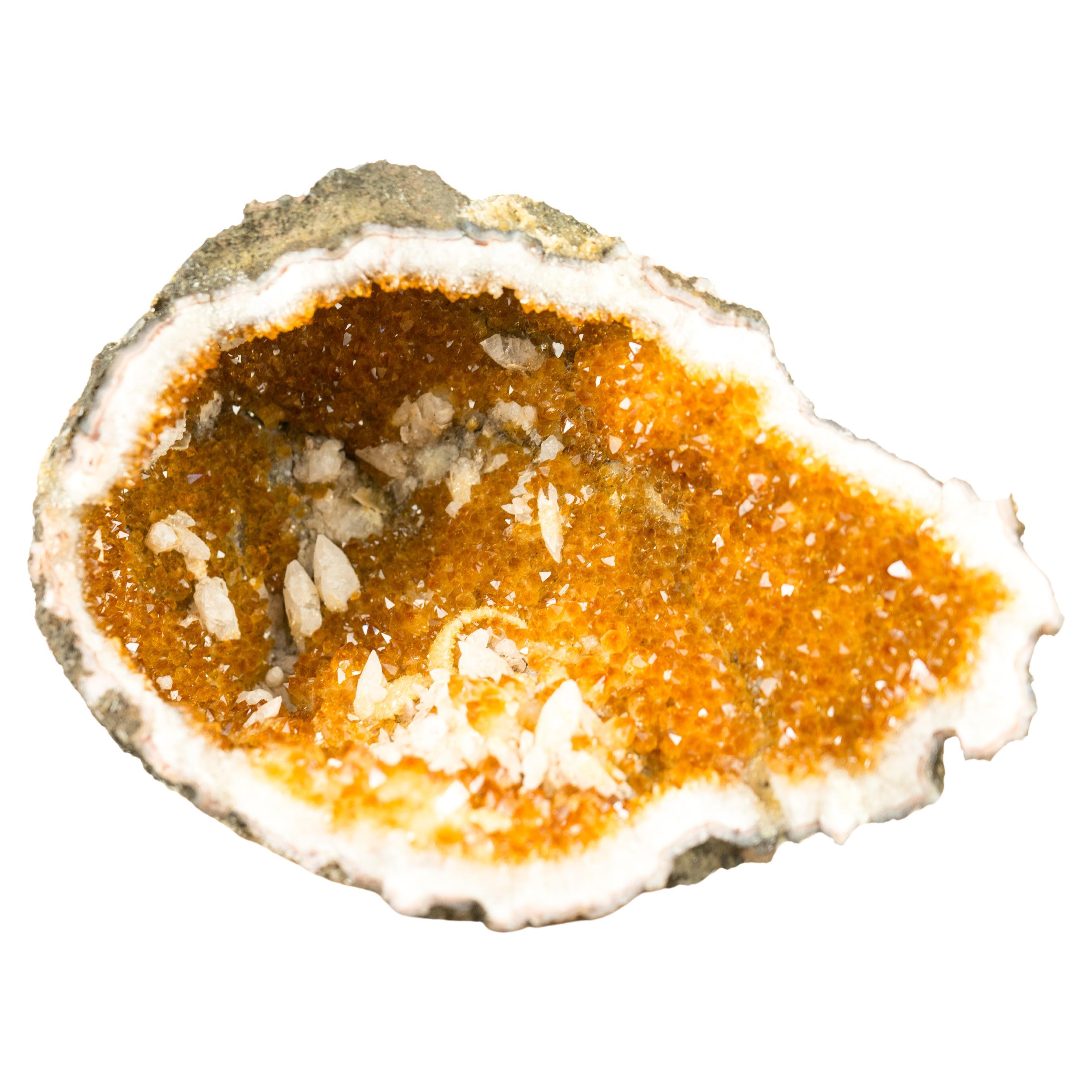 Natürlicher orangefarbener Citrin-Geode-Kave mit Calcite-Einschlüssen, natürlicher Deko-Kristall