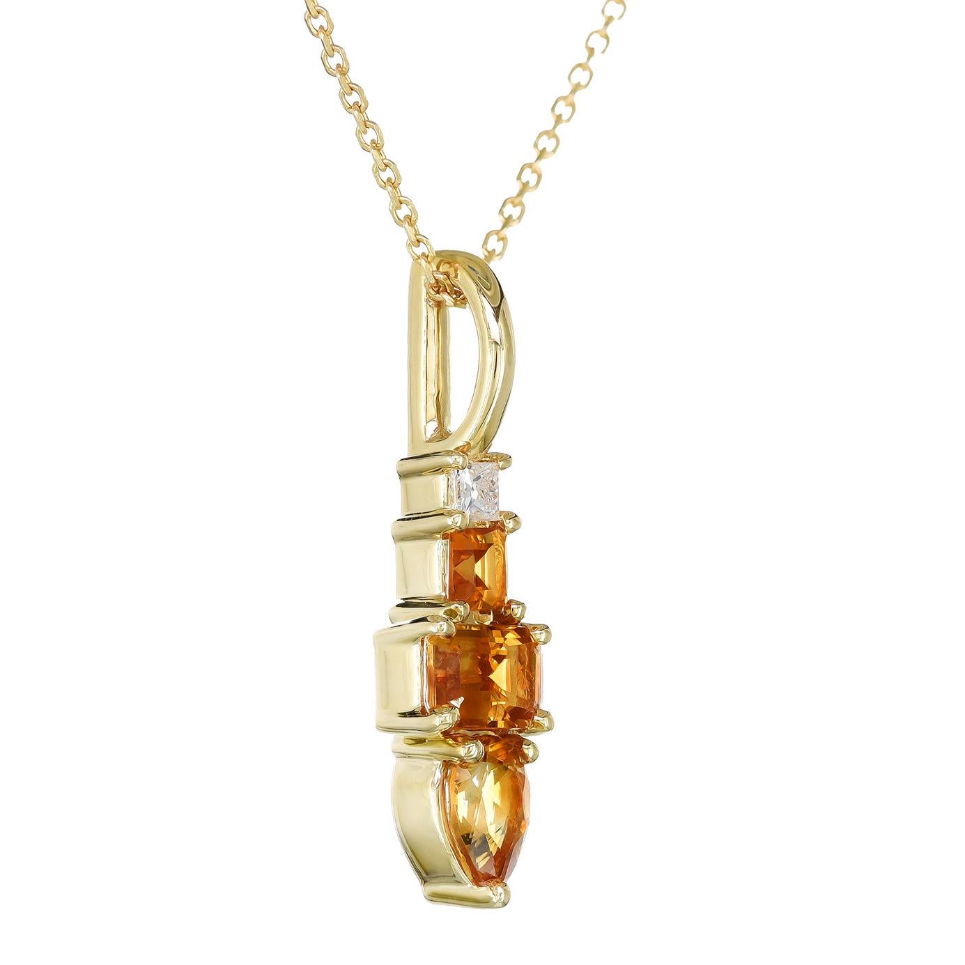 Mixed Cut Natural Orange Citrine Stone 0.87 cts in 14K Yellow Gold Pendant with Diamonds For Sale