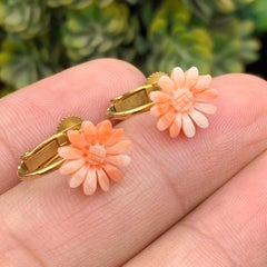 Natural Orange Coral Flower-Cut Stud Earrings in Gold-Plated 925 Sterling Silver