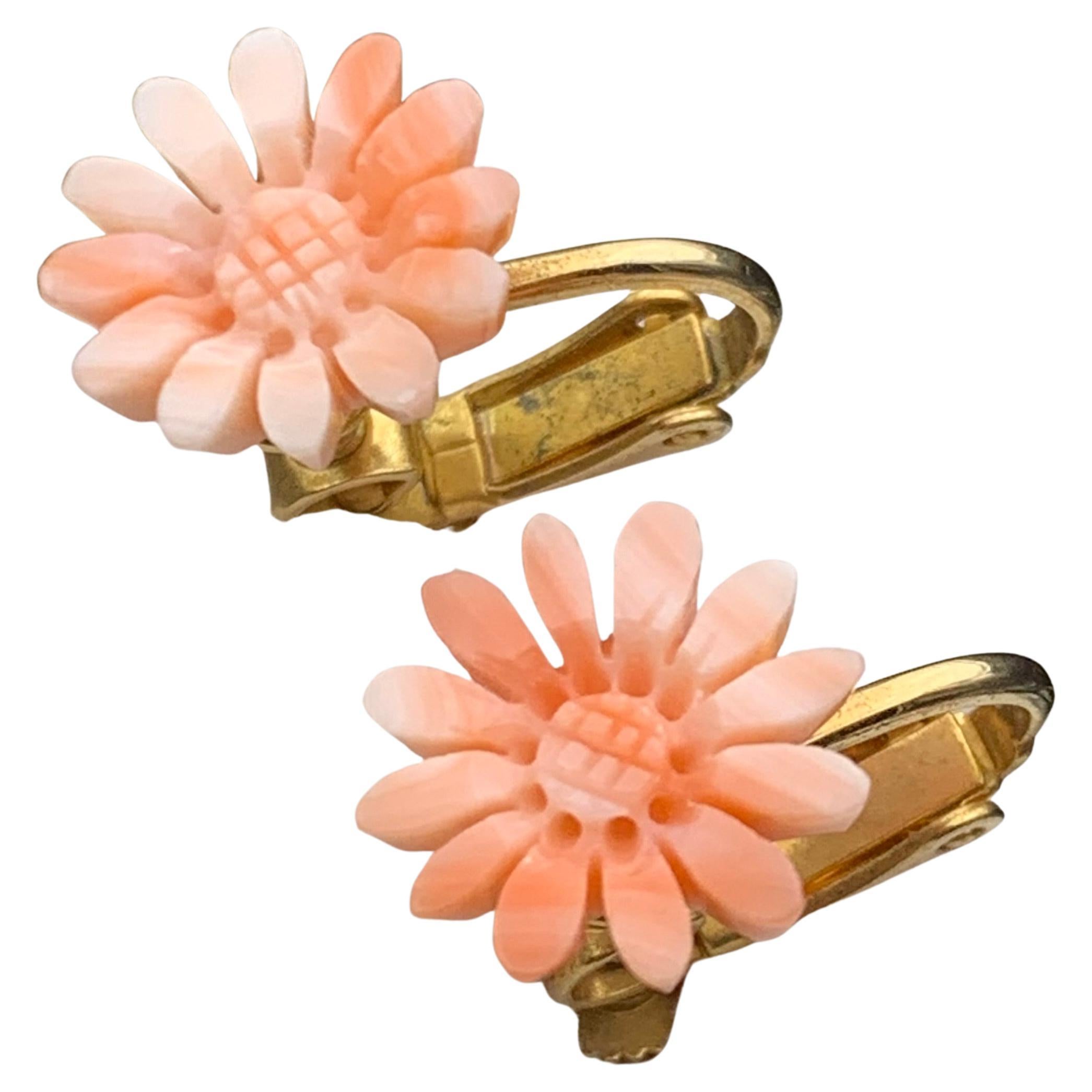 Natural Orange Coral Flower-Cut Stud Earrings in Gold-Plated 925 Sterling Silver For Sale