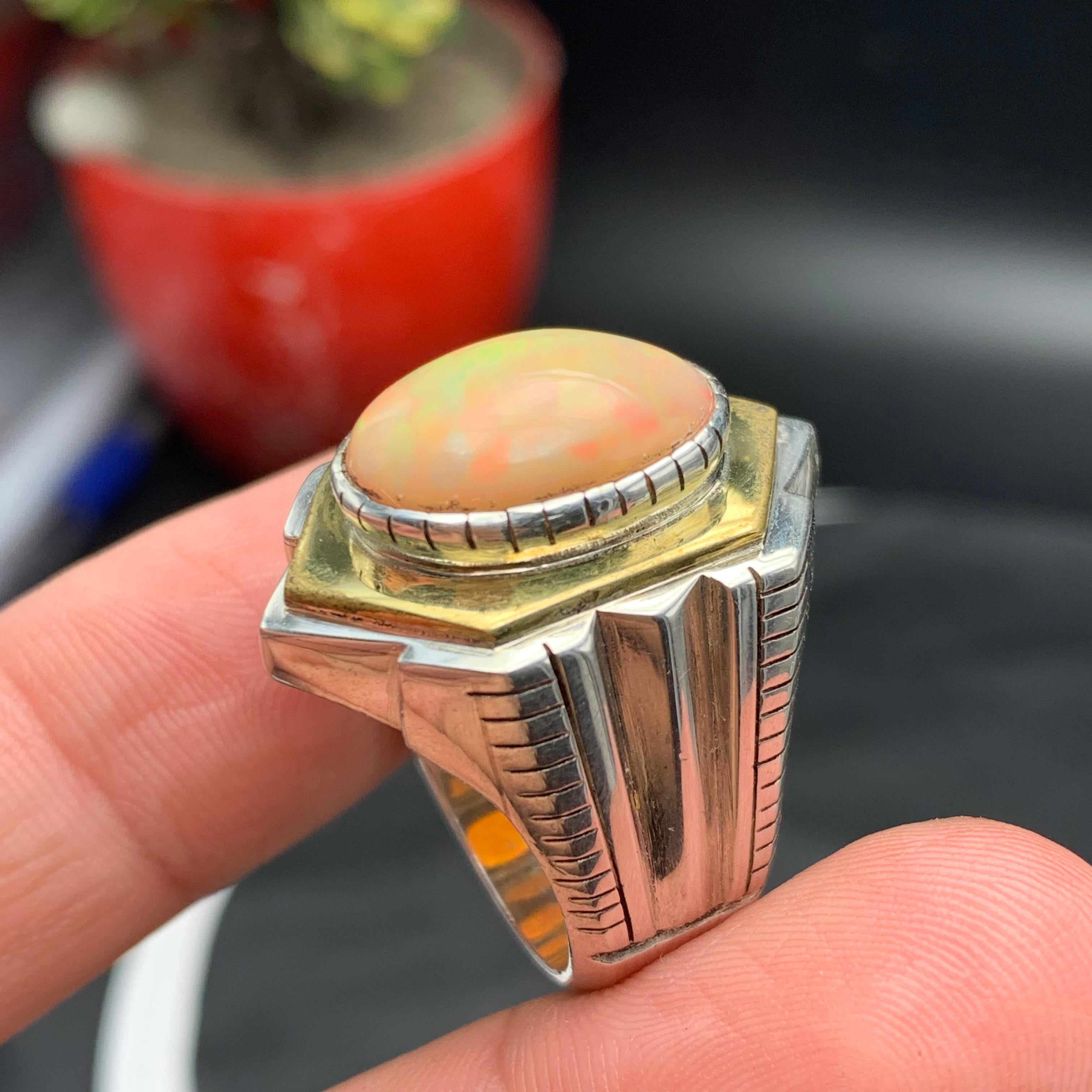 da uomo o donna Anello con opale arancione naturale in argento 925 - Fatto a mano con giochi di colore in vendita