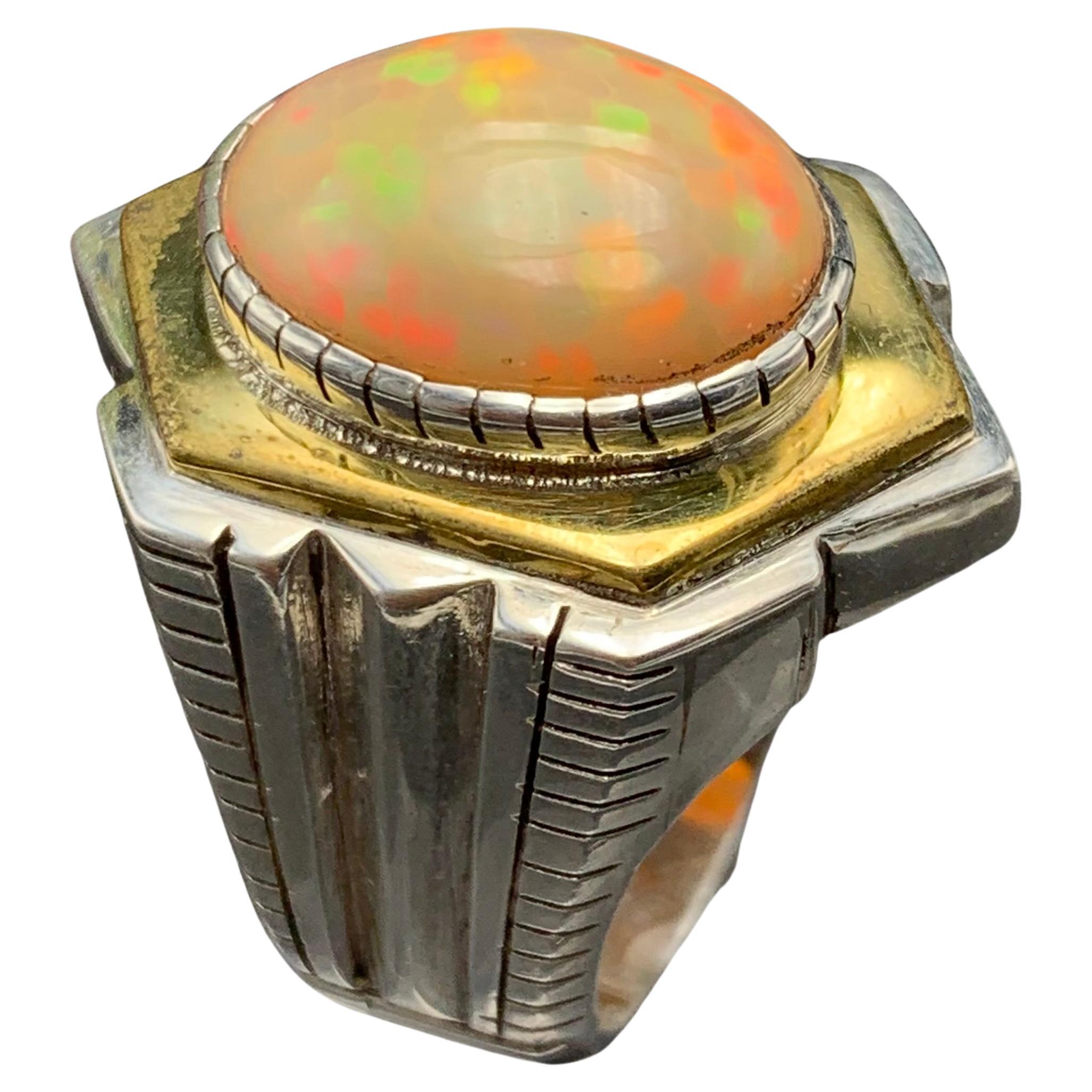 Anello con opale arancione naturale in argento 925 - Fatto a mano con giochi di colore