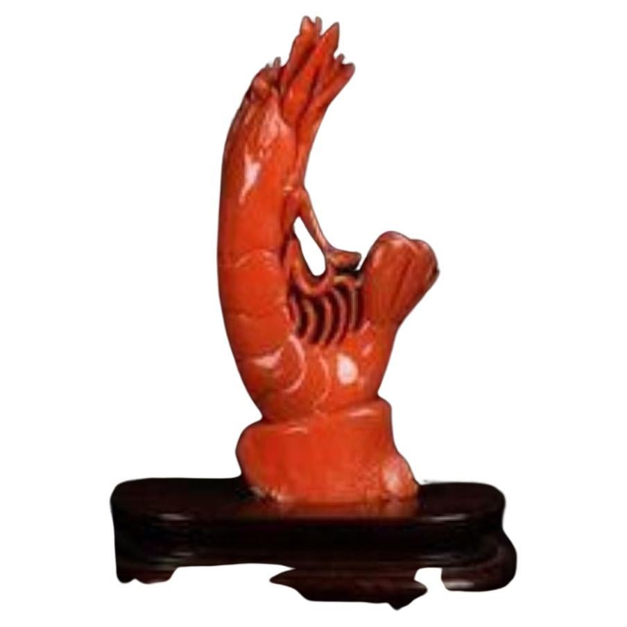 Natural Orange Red Coral Shrimp Carving Sculpture Decorative Art For Sale