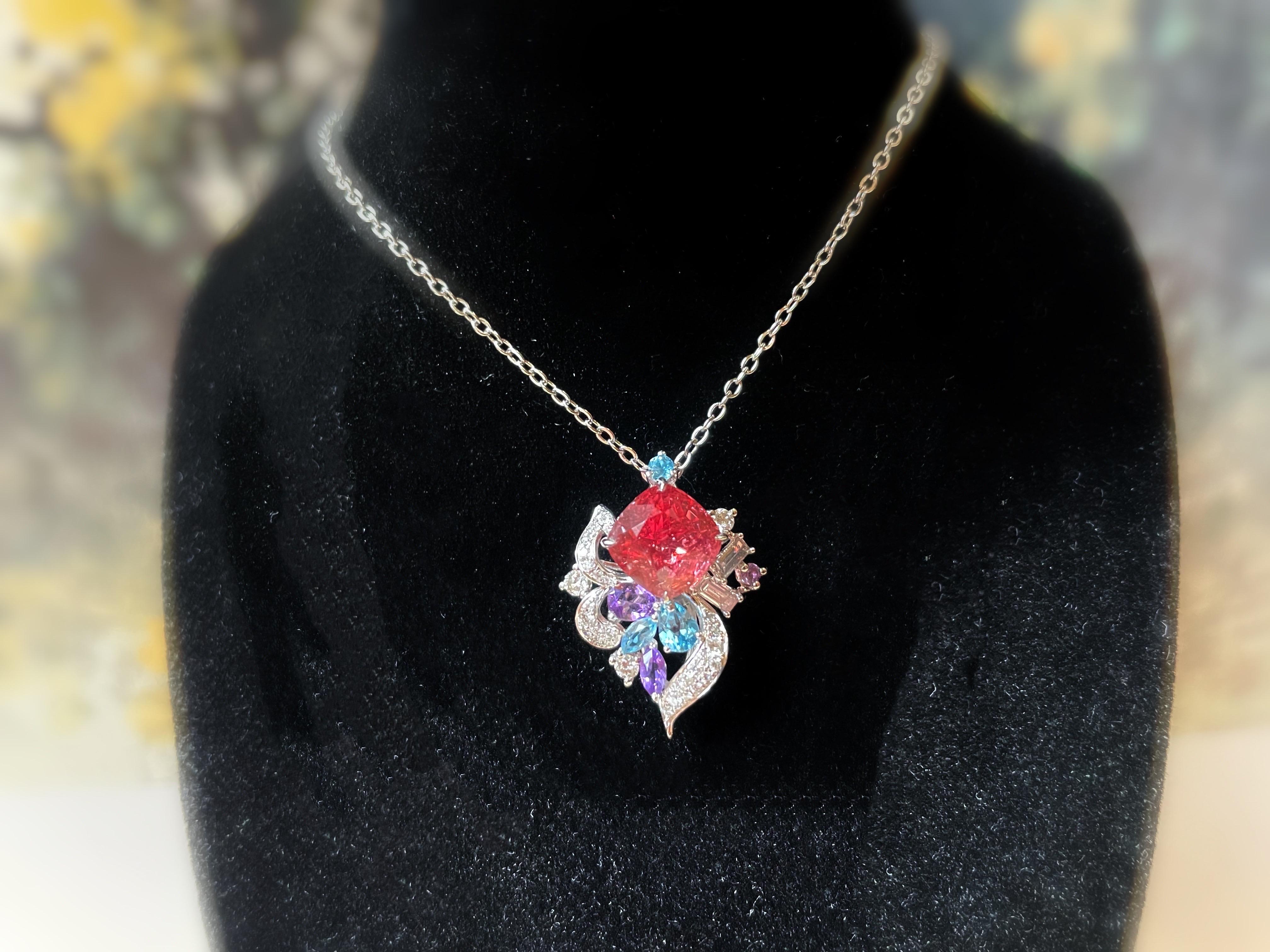 Ring und Anhänger mit natürlichem orangefarbenem Rotspinell aus 18 Karat Weißgold und Diamant, multi- im Angebot 5