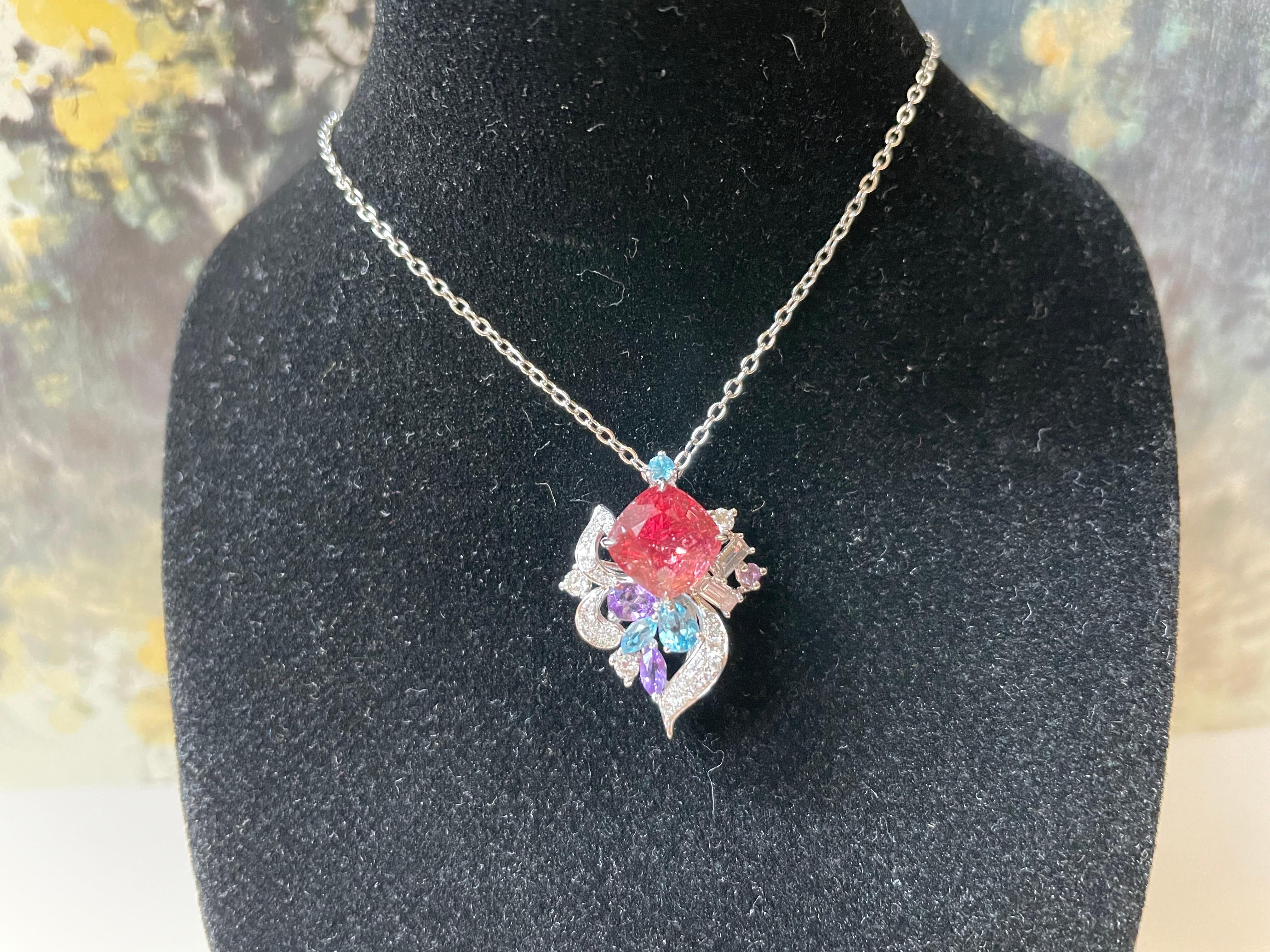 Ring und Anhänger mit natürlichem orangefarbenem Rotspinell aus 18 Karat Weißgold und Diamant, multi- im Angebot 6