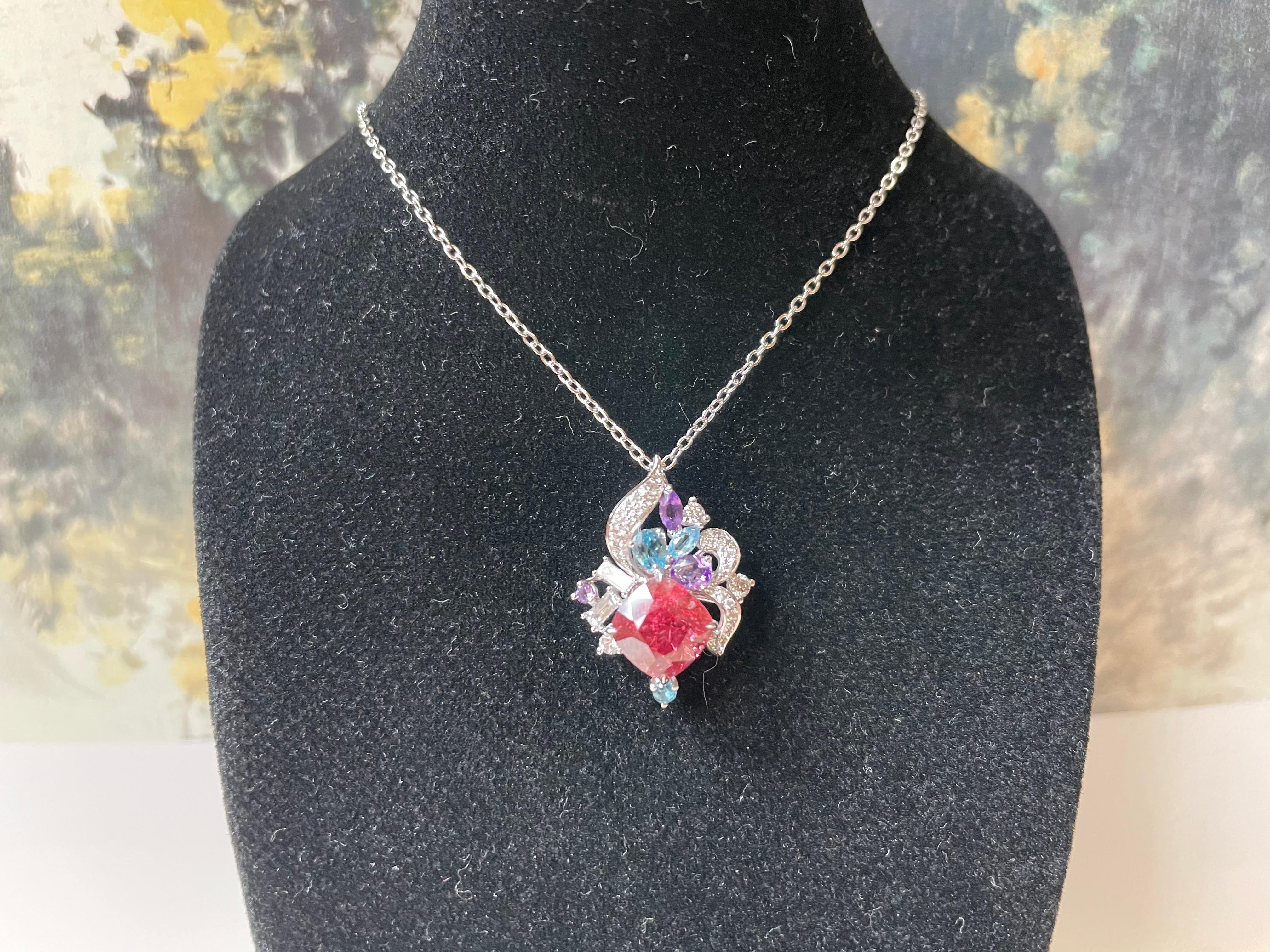 Ring und Anhänger mit natürlichem orangefarbenem Rotspinell aus 18 Karat Weißgold und Diamant, multi- im Angebot 9