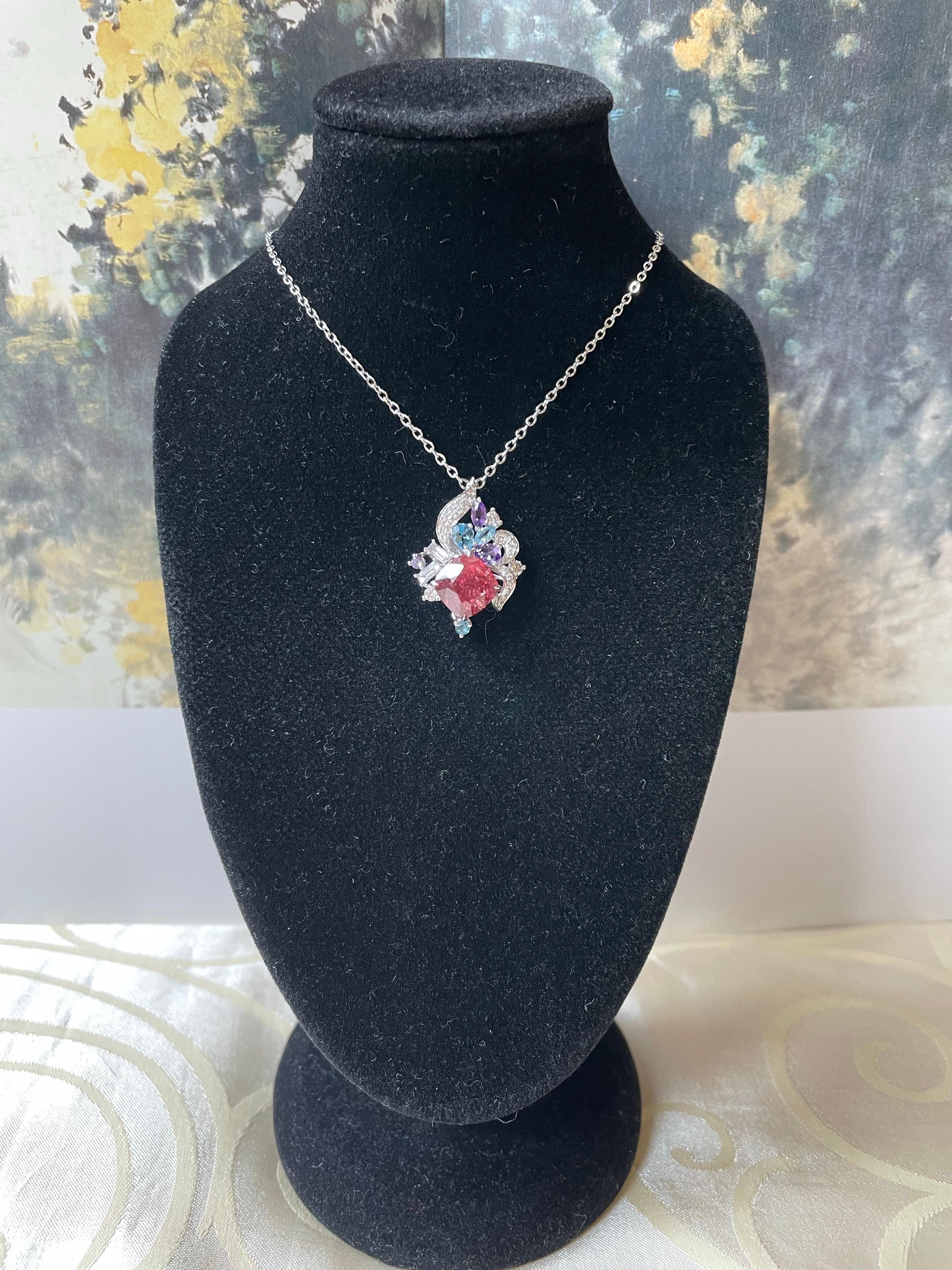 Ring und Anhänger mit natürlichem orangefarbenem Rotspinell aus 18 Karat Weißgold und Diamant, multi- im Angebot 11