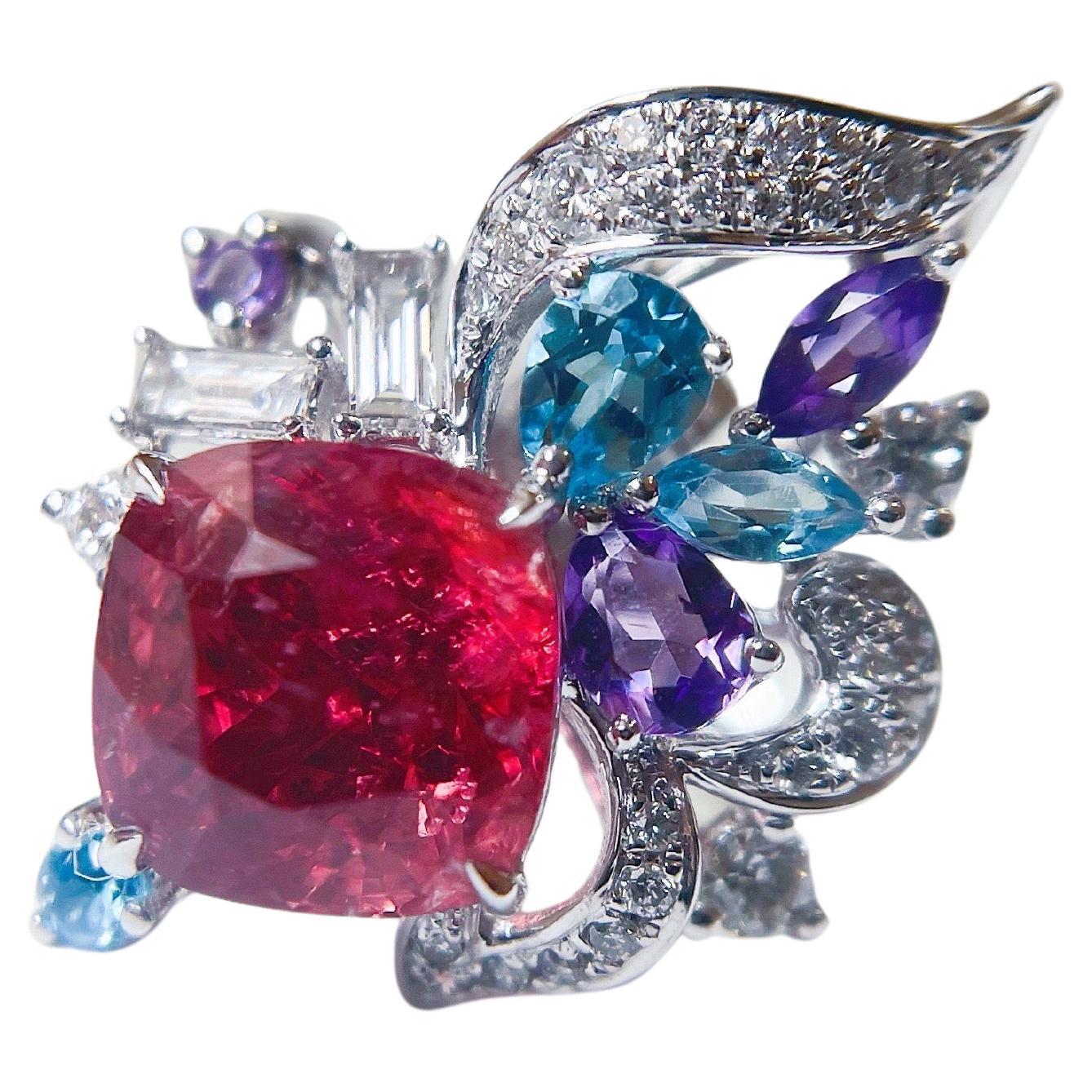 Anello e ciondolo con spinello rosso arancione naturale in oro bianco 18 carati e diamante, multi-