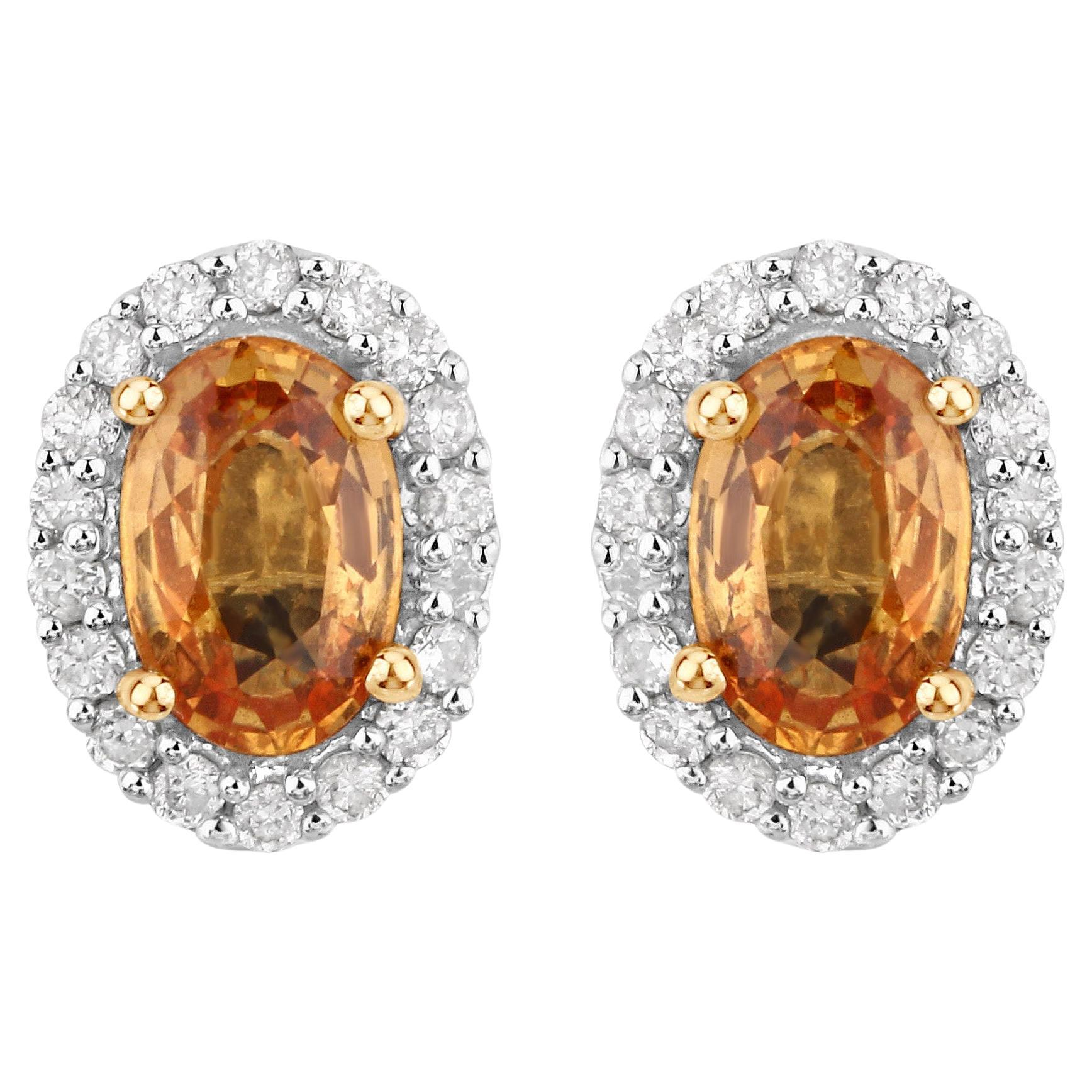 Natural Orange Sapphire and Diamond Stud Earrings 1.66 Carats 14K Gold