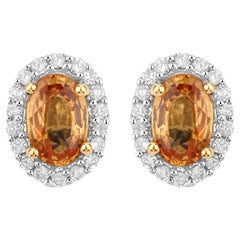 Natural Orange Sapphire and Diamond Stud Earrings 1.66 Carats 14K Gold