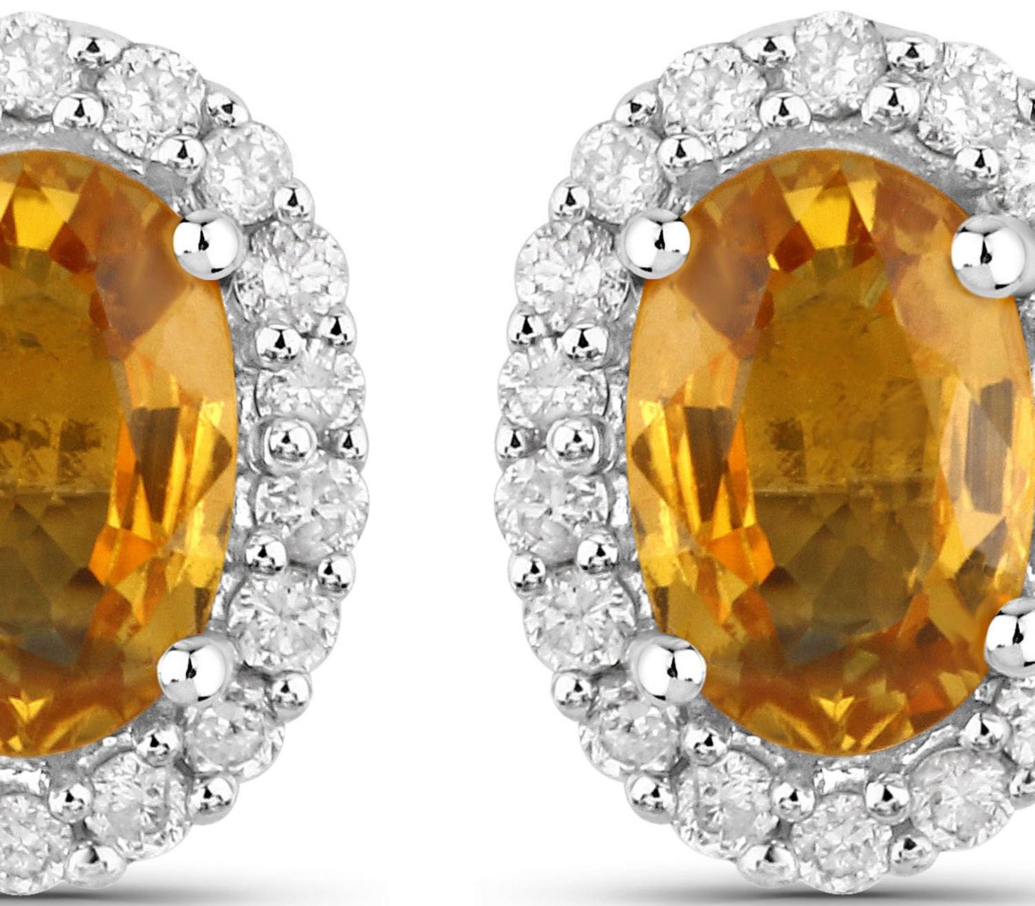 Oval Cut Natural Orange Sapphire and Diamond Stud Earrings 1.66 Carats 14K White Gold For Sale