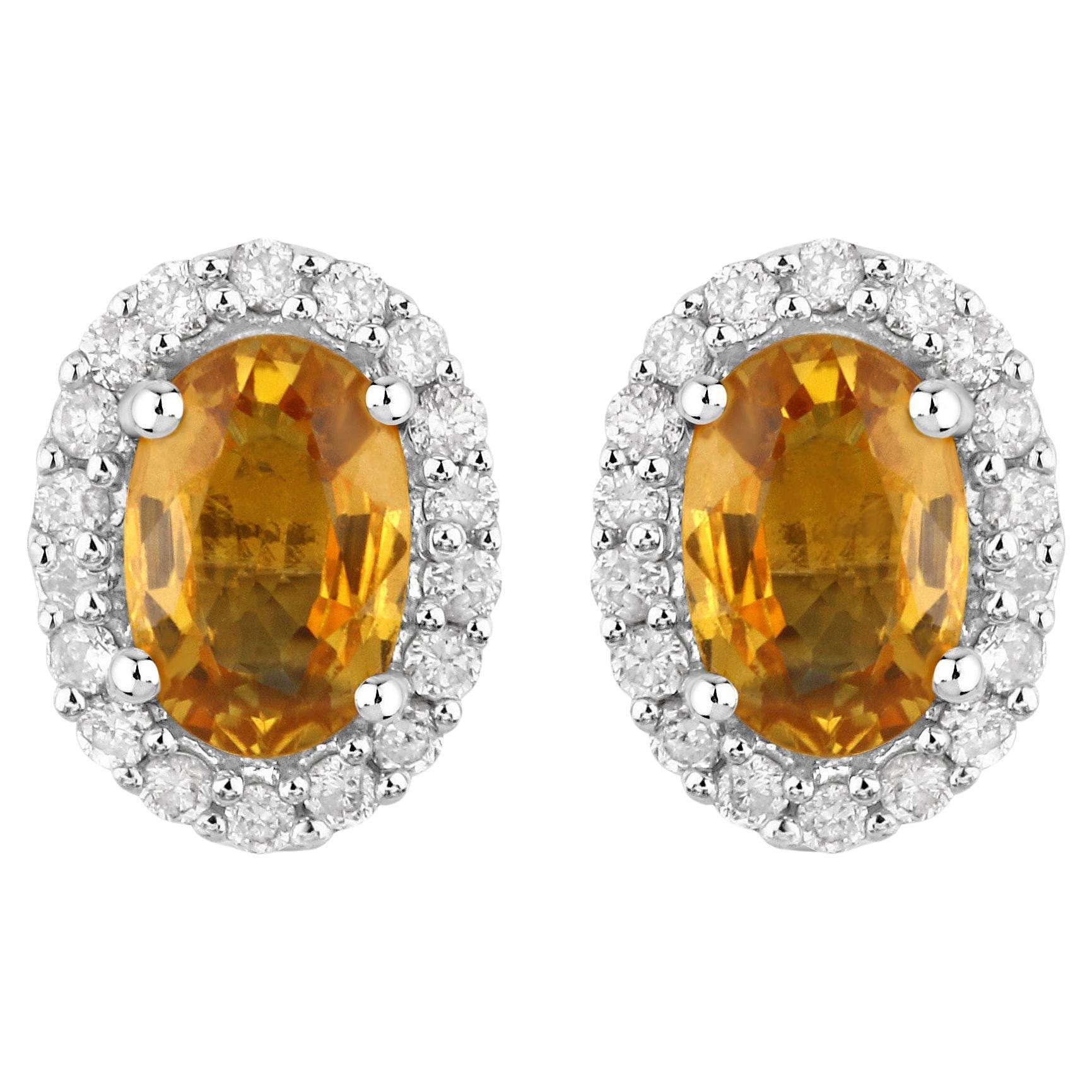 Natural Orange Sapphire and Diamond Stud Earrings 1.66 Carats 14K White Gold