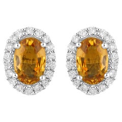 Natural Orange Sapphire and Diamond Stud Earrings 1.66 Carats 14K White Gold