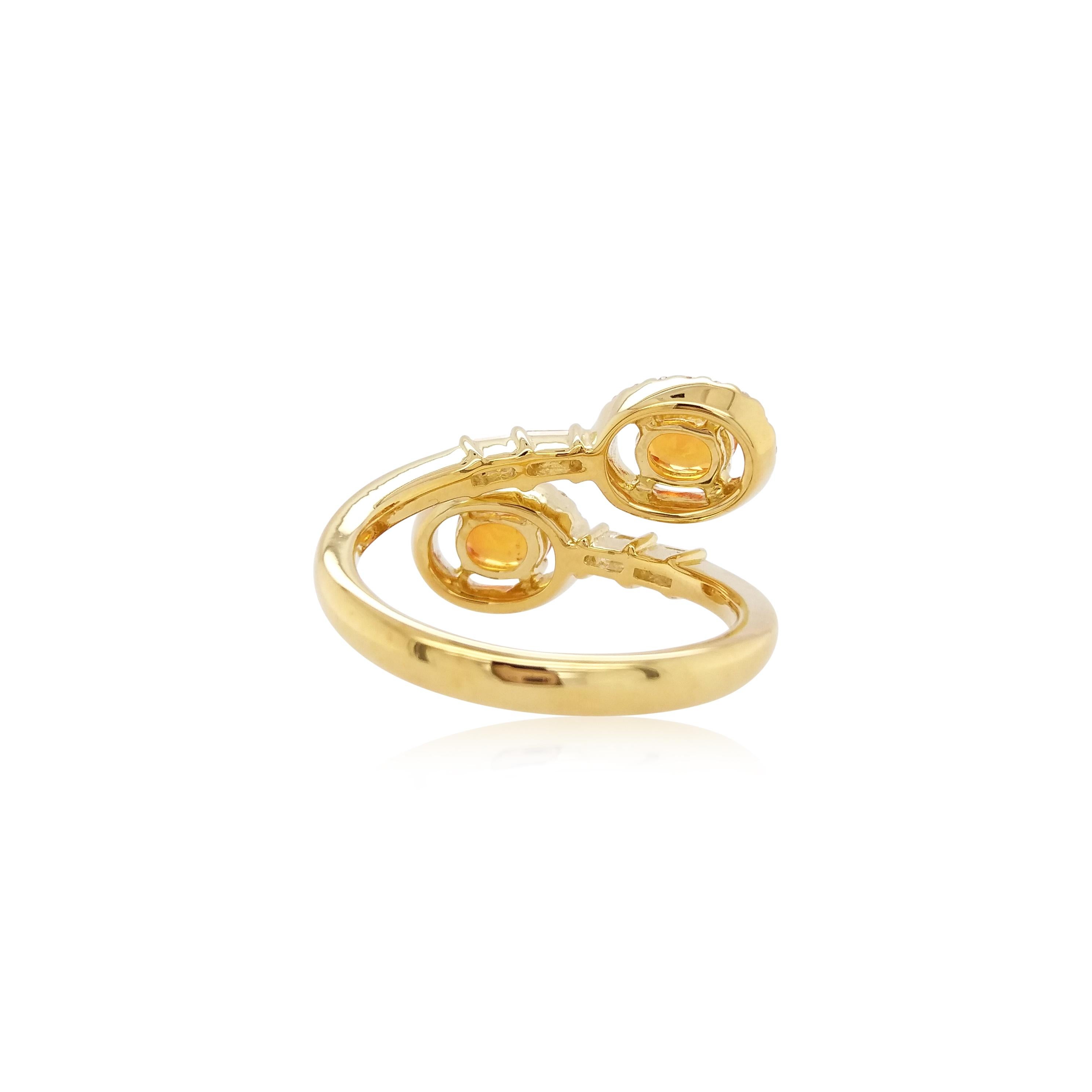Inspired by the beauty of the sunshine, this ring showcases the elegance of orange sapphires. Featuring the oval-shaped golden orange sapphires designed to elegantly rest upon the finger, combine this edgy cocktail ring with any outfit to make a