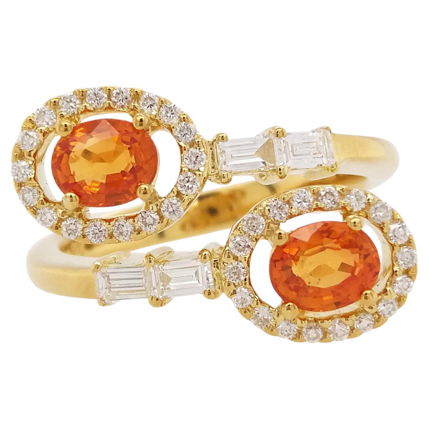 Natural Orange Sapphire White Diamond 18K Gold Cocktail Ring
