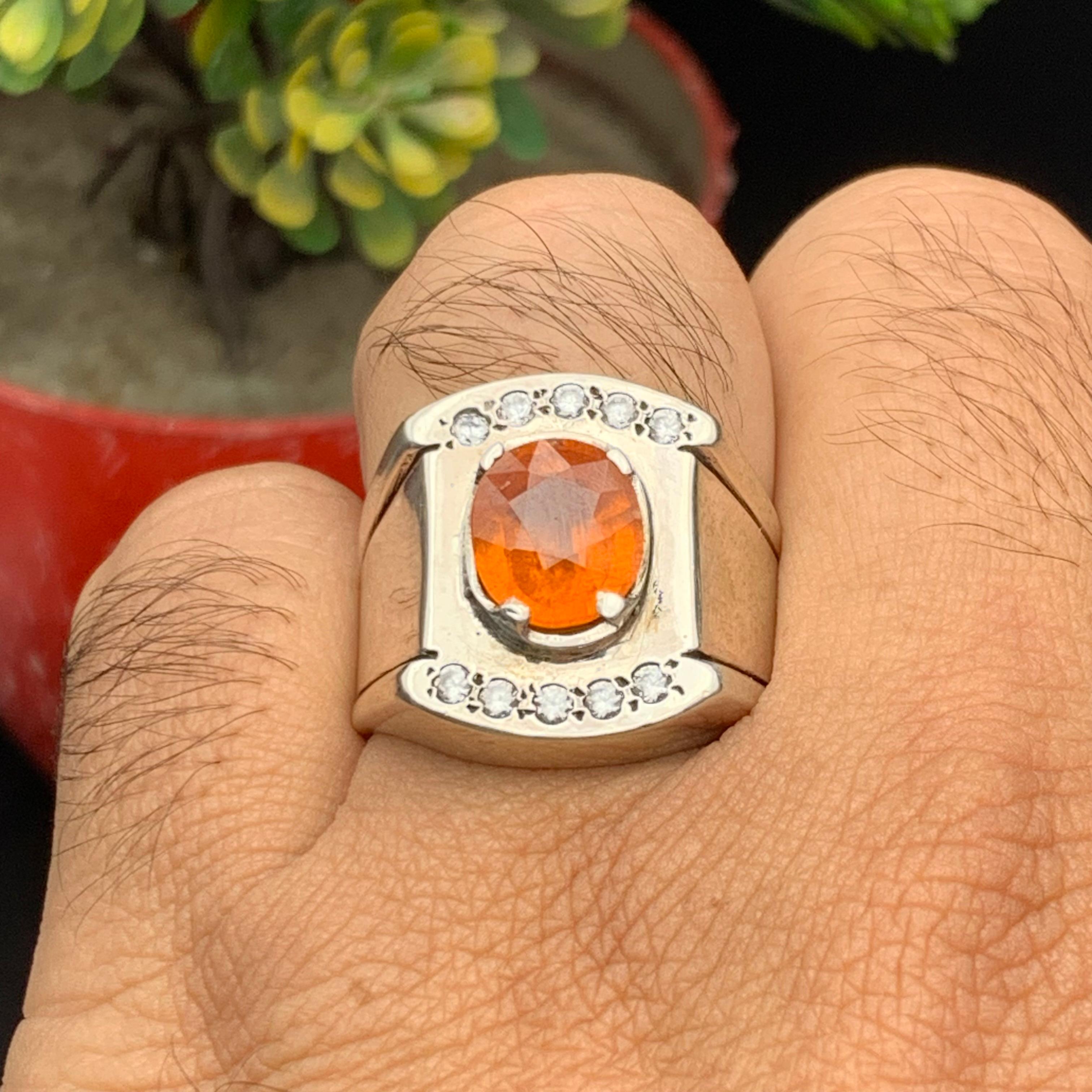 Anello da cocktail con granato arancione naturale, realizzato a mano in argento 925. in vendita 2