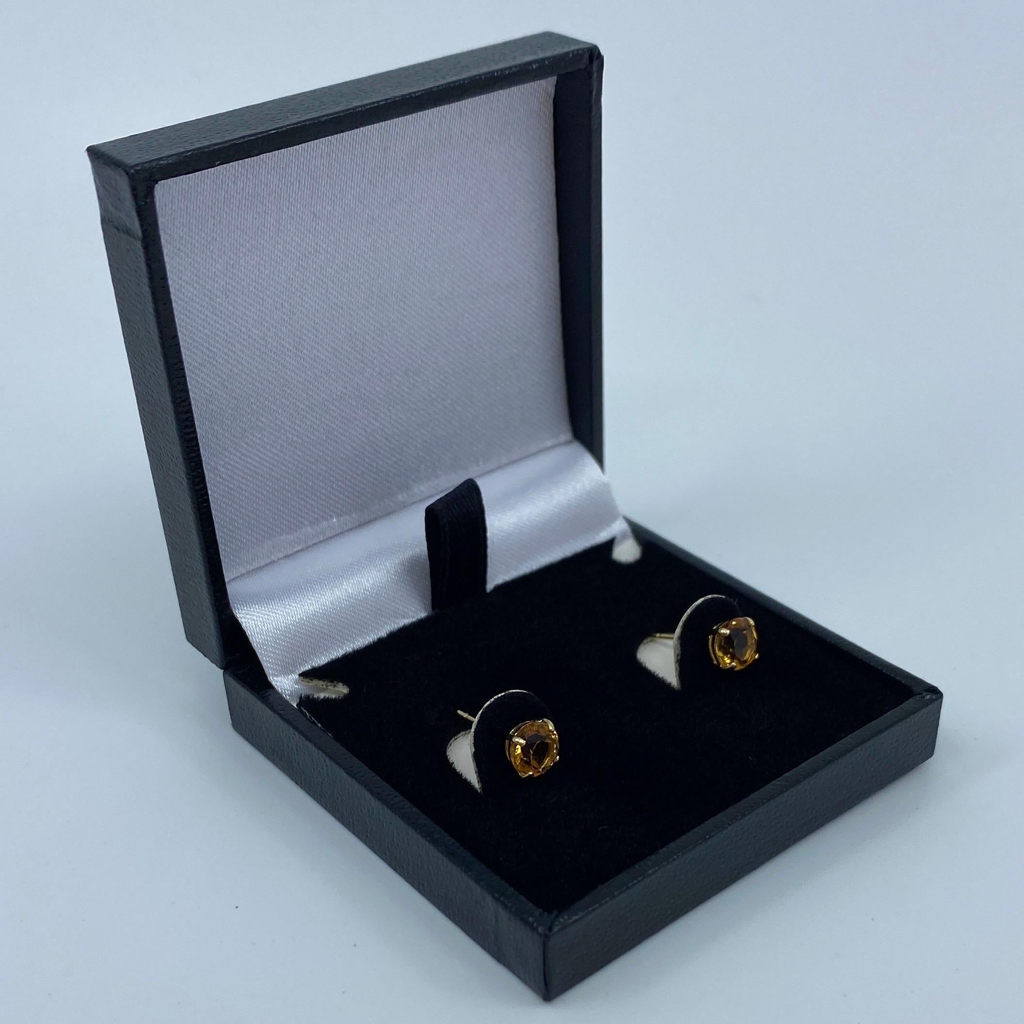 Natural Orange Yellow Champagne Topaz Round Cut 9k Yellow Gold Earring Studs In New Condition For Sale In Birmingham, GB