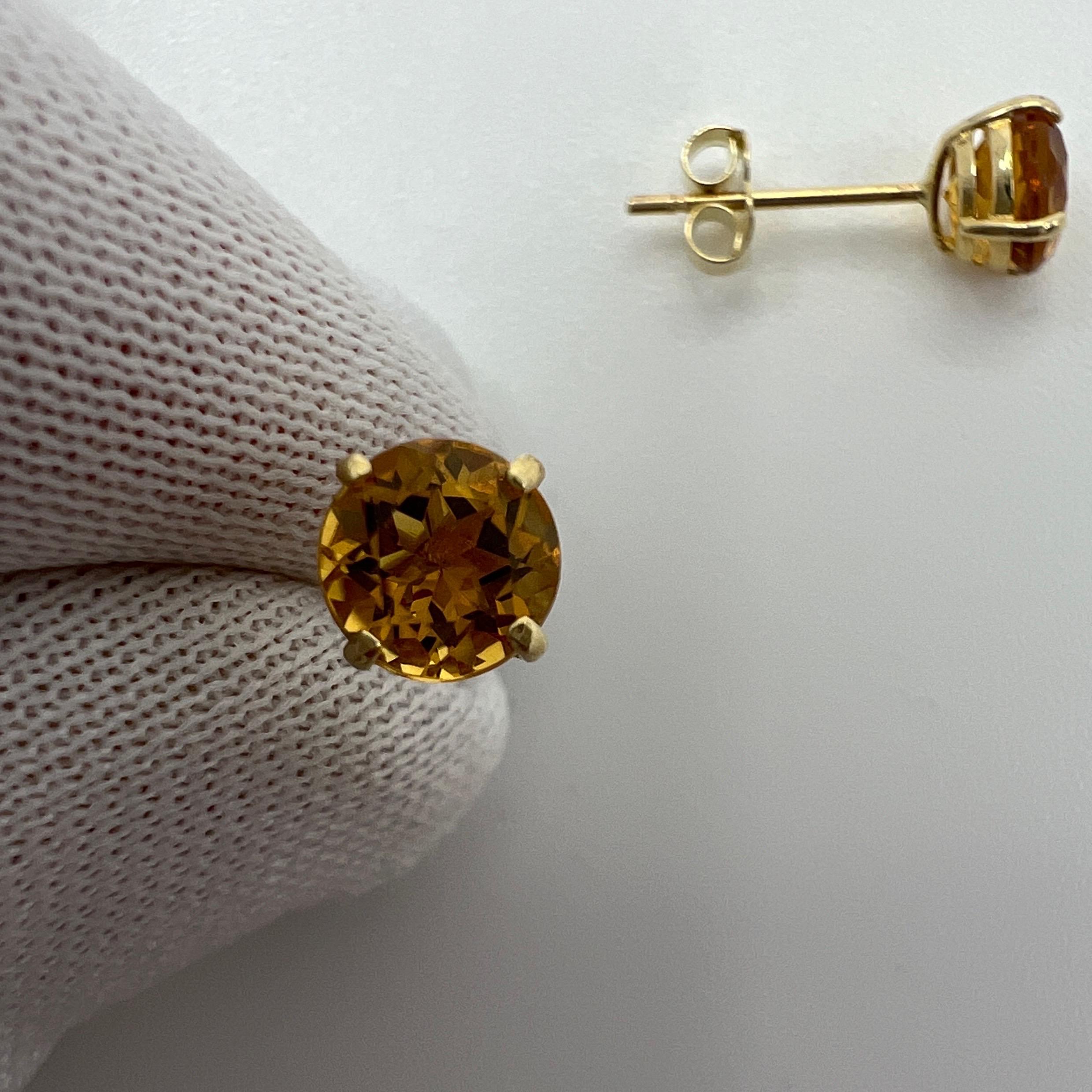 Women's or Men's Natural Orange Yellow Champagne Topaz Round Cut 9k Yellow Gold Earring Studs For Sale