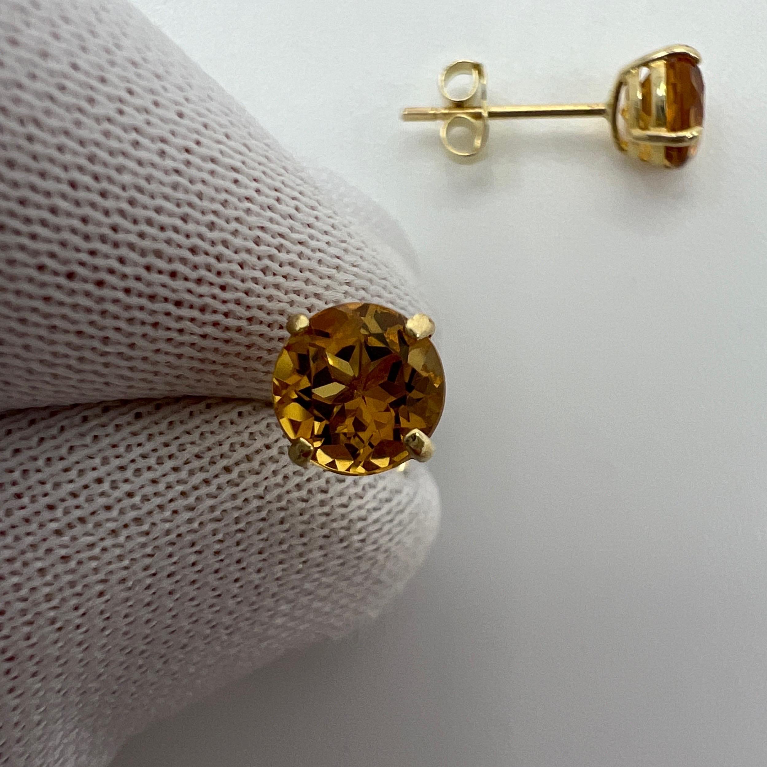 Natural Orange Yellow Champagne Topaz Round Cut 9k Yellow Gold Earring Studs For Sale 2