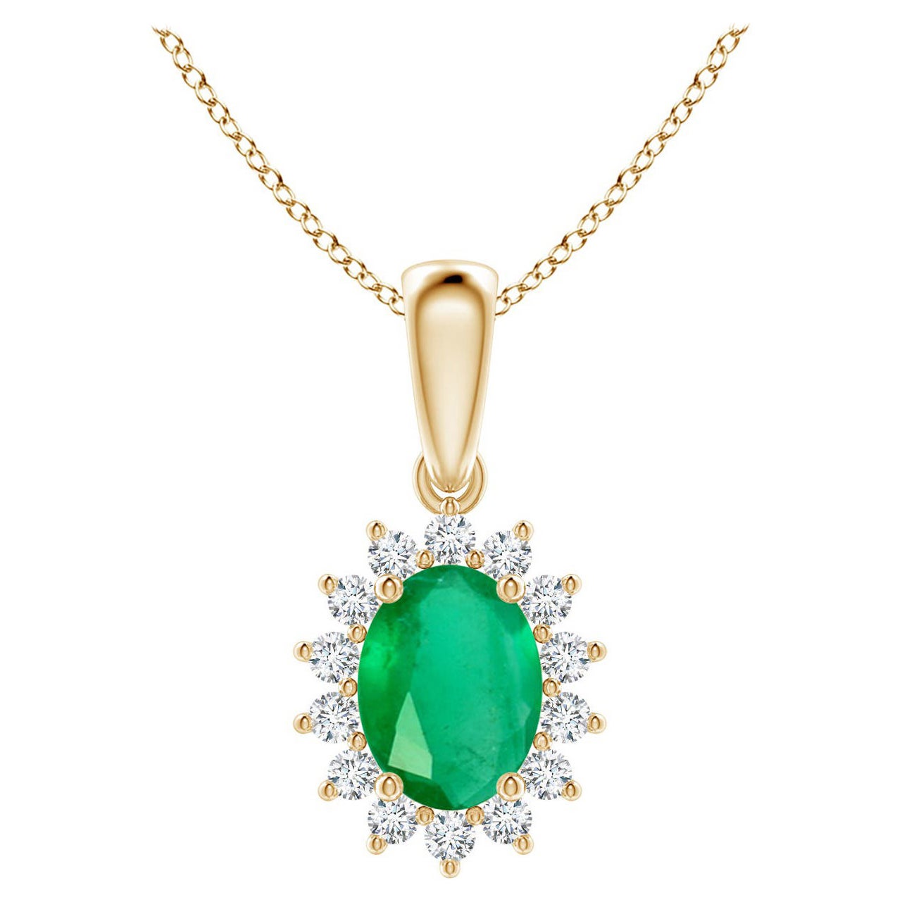 Natürlicher ovaler 1.1 Karat Smaragd-Anhänger mit Diamant-Halo aus 14 Karat Gelbgold