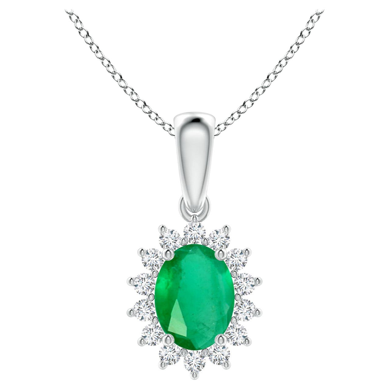 Natural Oval 1.1 ct Emerald Pendant with Diamond Halo in 18K White Gold