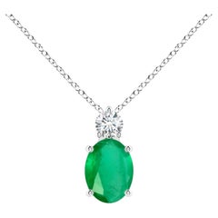 Natural Oval 1.1 ct Emerald Solitaire Pendant with Diamond in 14K White Gold