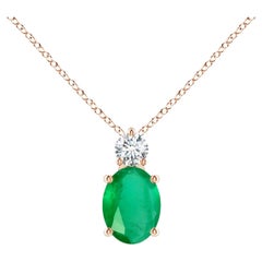 Natural Oval 1.1 ct Emerald Solitaire Pendant with Diamond in 18K Rose Gold