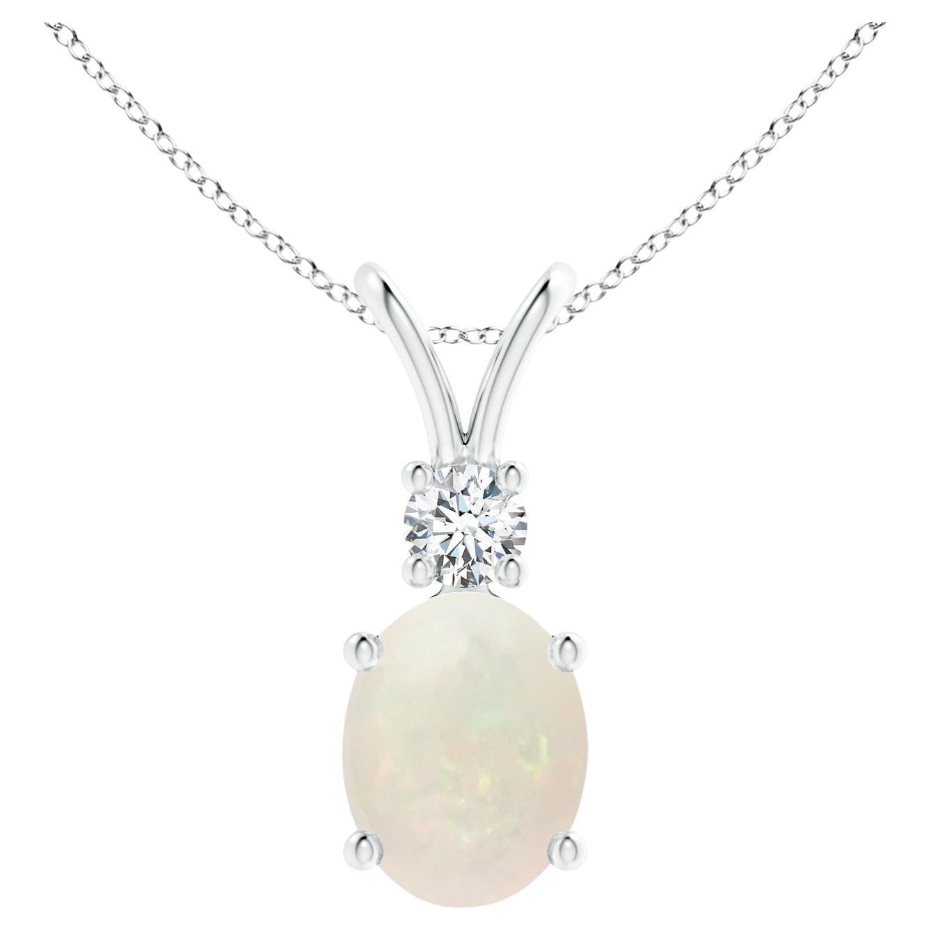 Natürlicher ovaler V-Bale-Anhänger aus 14 Karat Weißgold mit natürlichem 1.1 Karat Opal und Diamant-Akzent