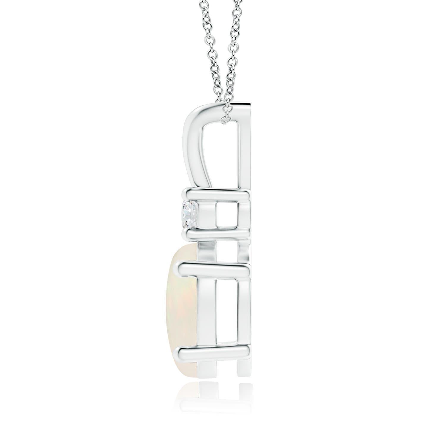 The beautiful prong-set oval opal is topped with a sparkling diamond accent. This classic and elegant pendant with V bale is crafted in 18k white gold. Available in different carat weight. 

Opal is the Birthstone for October and traditional gift