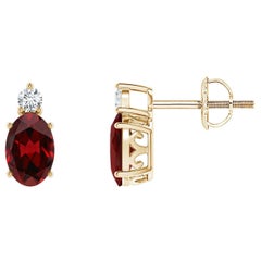Natural Oval 1.1ct Garnet Stud Earrings w/ Diamond 14K Yellow Gold (Size-6x4mm)
