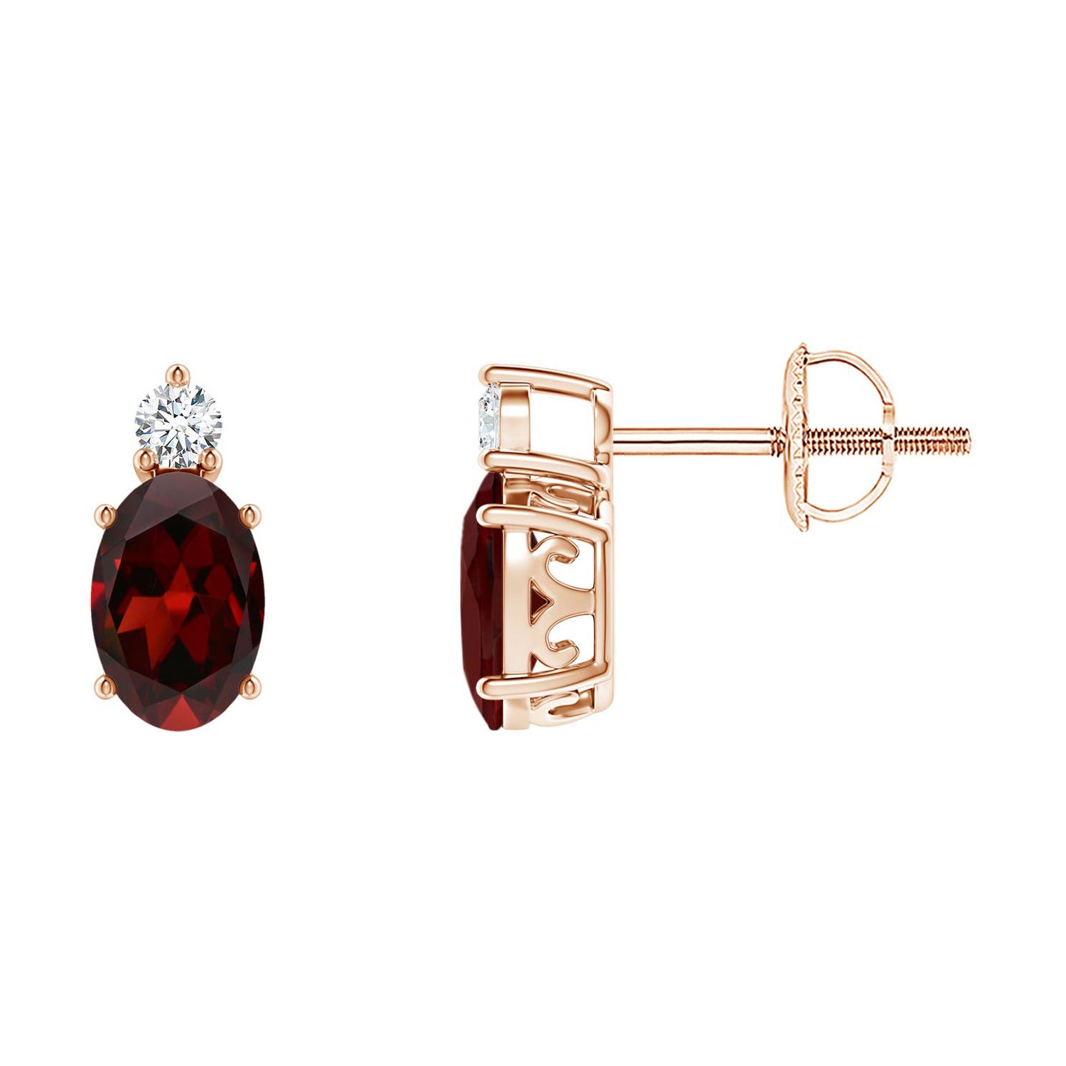 Orecchini con granato ovale naturale da 1,1 carati con diamante in oro rosa 14 carati (misura 6x4 mm)