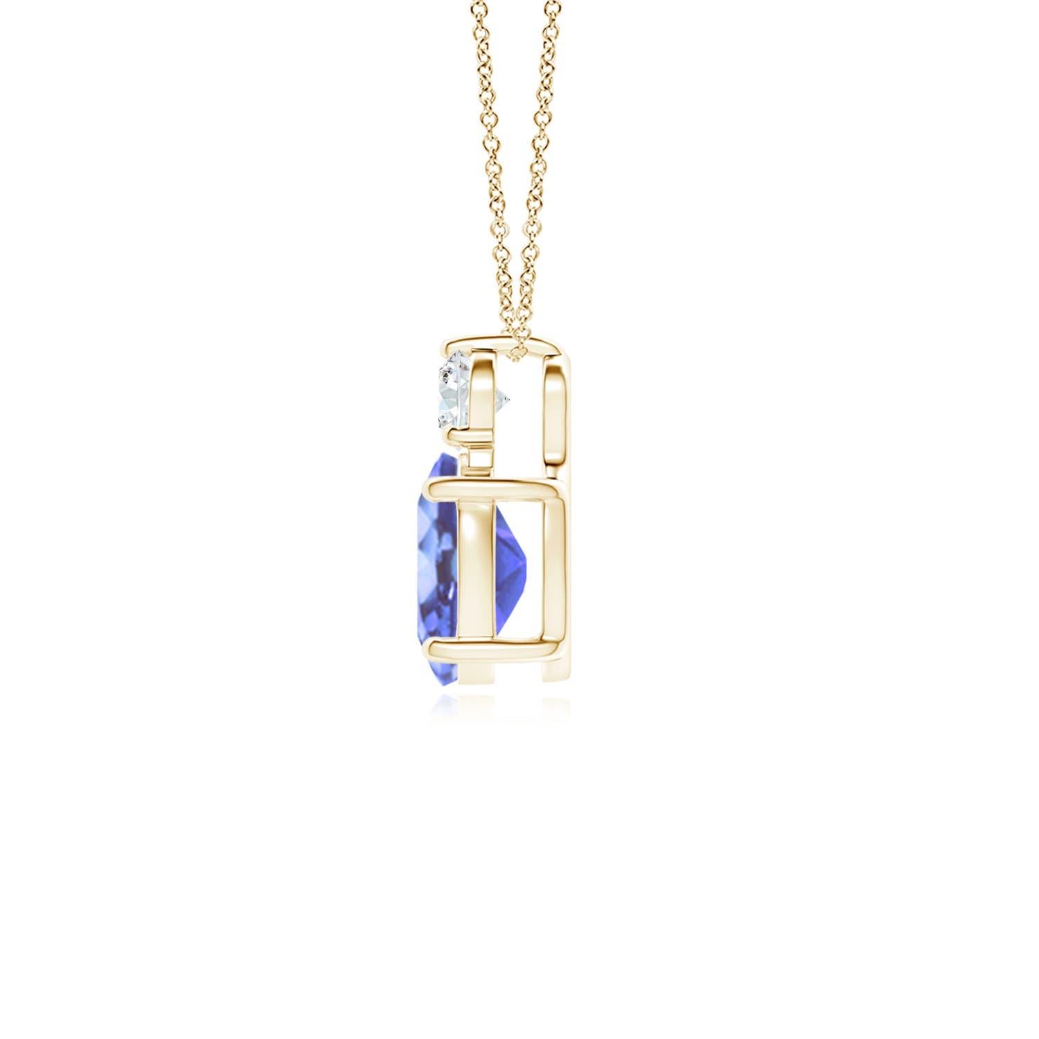 An oval tanzanite is topped with a glimmering round diamond, both held in prong settings. The alluring bluish-violet hue of the tanzanite is elevated by the diamond's unending sparkle. To add a dash of exquisiteness, this classic solitaire tanzanite