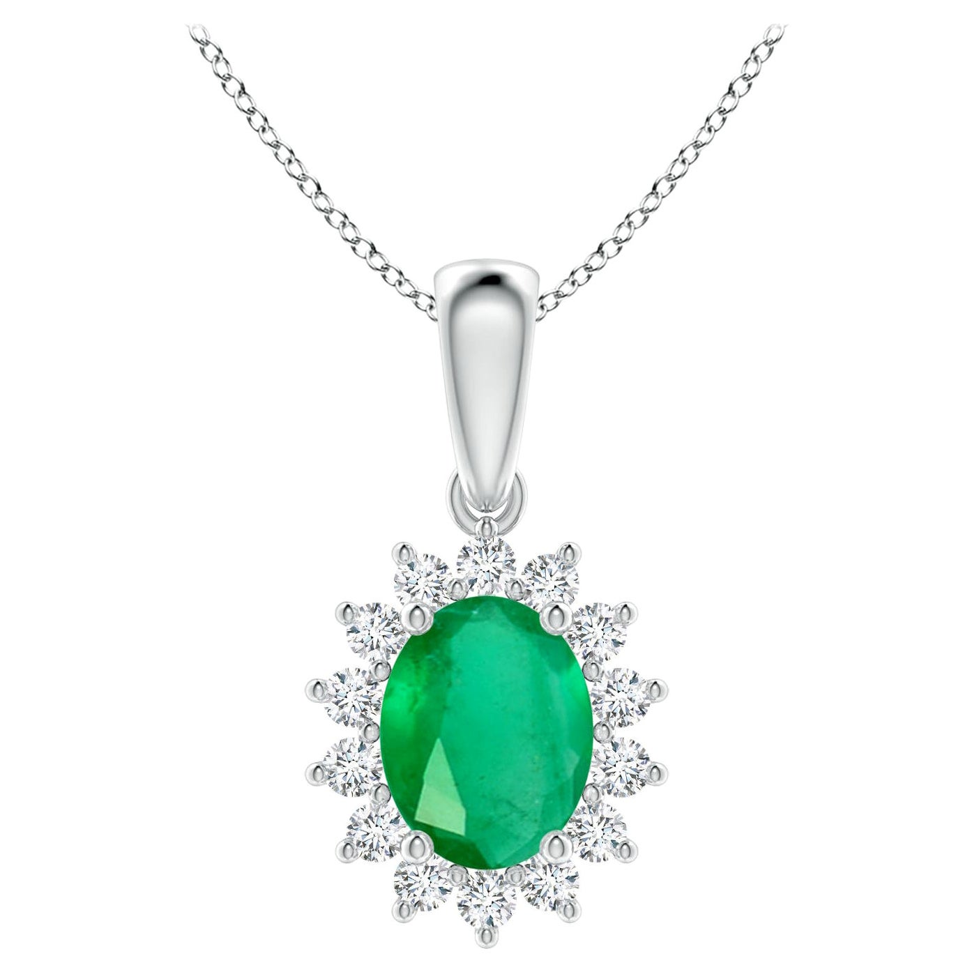 Natural Oval 1.5 ct Emerald Pendant with Diamond Halo in 18K White Gold
