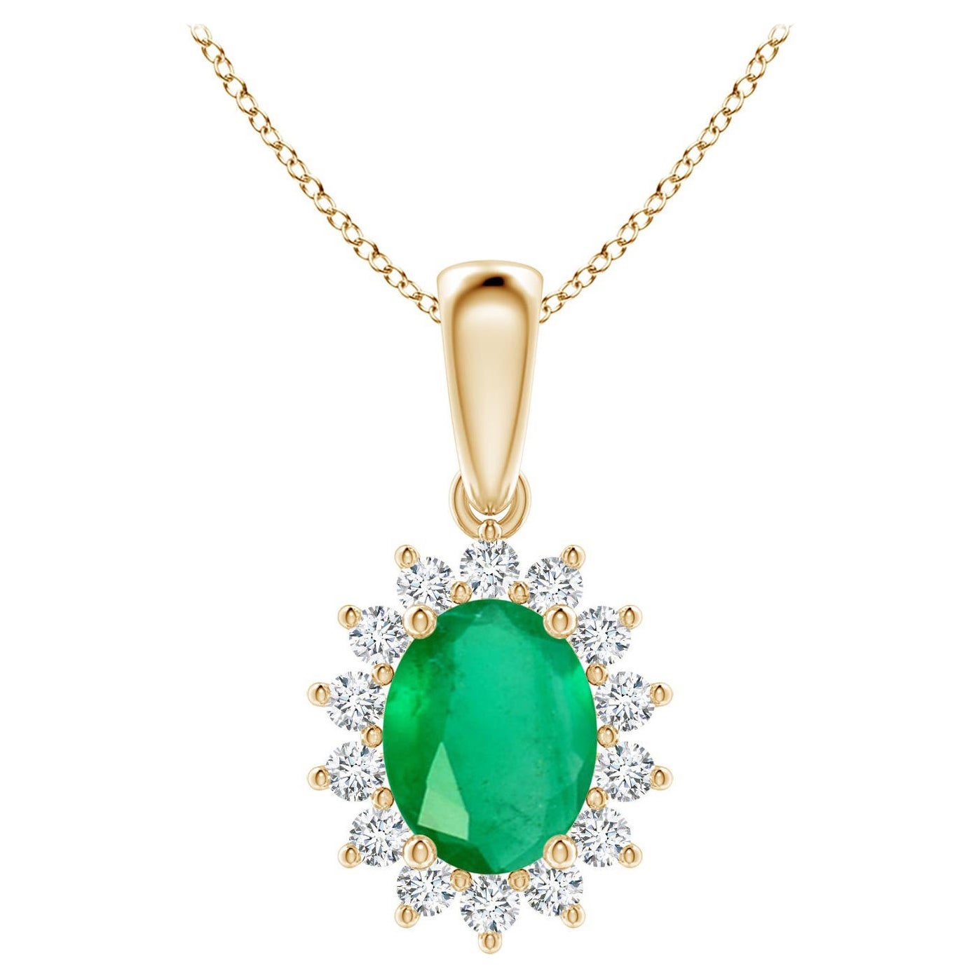 Natürlicher ovaler 1,5 Karat Smaragd-Anhänger mit Diamant-Halo aus 18 Karat Gelbgold