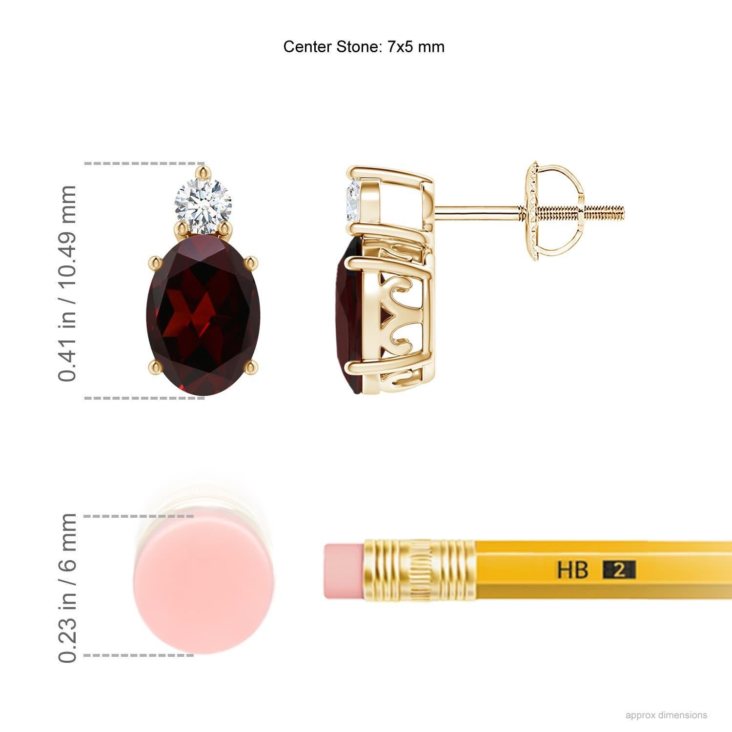 These stunning garnet stud earrings in 14k yellow gold with pretty scrollwork on the sides, exude an old-world charm. The intense red garnets are prong set and topped with round diamonds that sparkle brilliantly.

