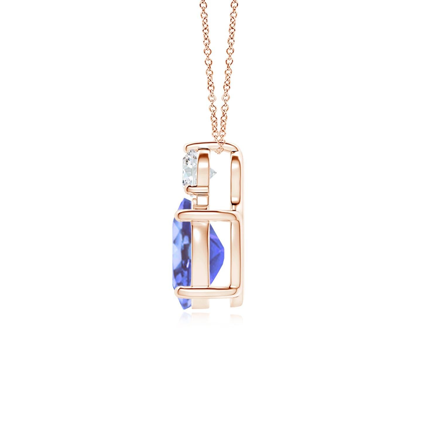 An oval tanzanite is topped with a glimmering round diamond, both held in prong settings. The alluring bluish-violet hue of the tanzanite is elevated by the diamond's unending sparkle. To add a dash of exquisiteness, this classic solitaire tanzanite