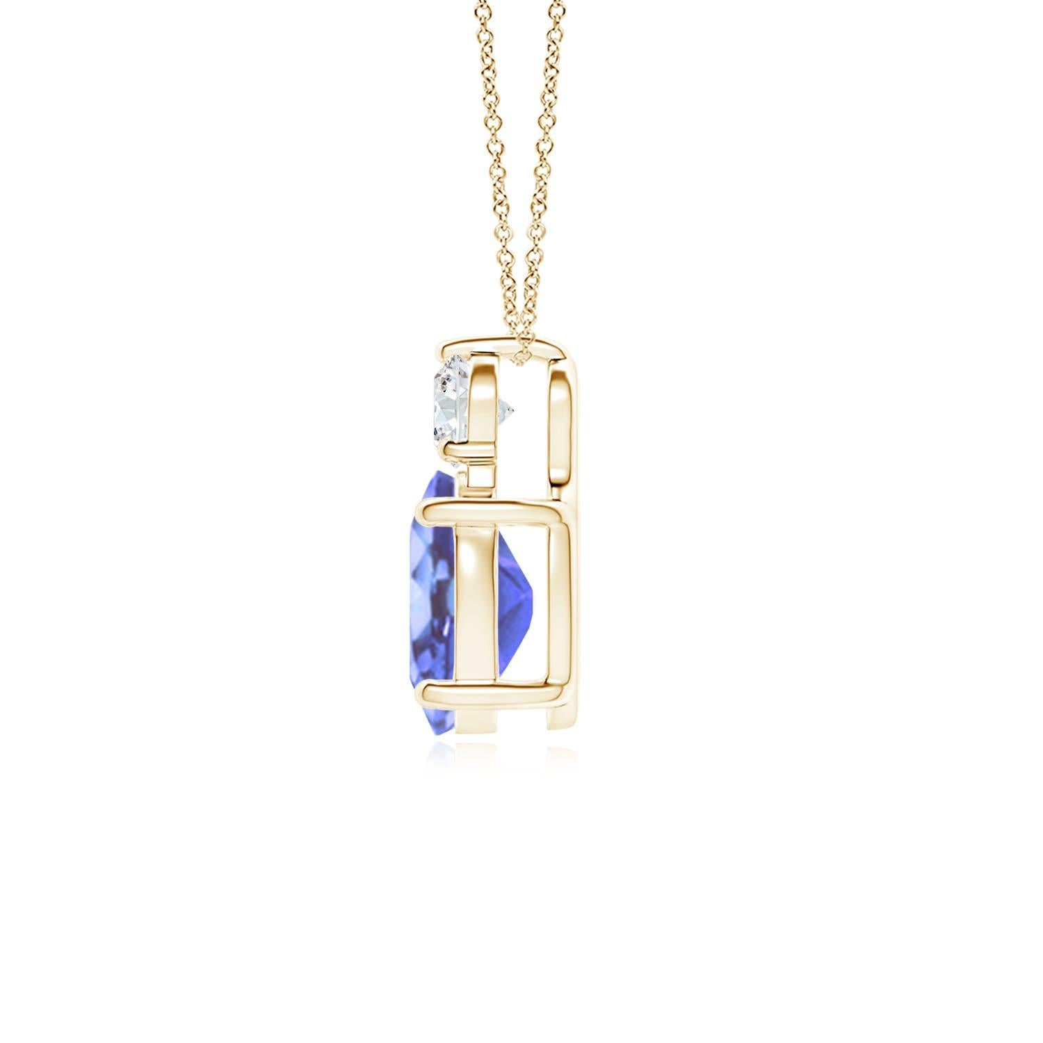 An oval tanzanite is topped with a glimmering round diamond, both held in prong settings. The alluring bluish-violet hue of the tanzanite is elevated by the diamond's unending sparkle. To add a dash of exquisiteness, this classic solitaire tanzanite
