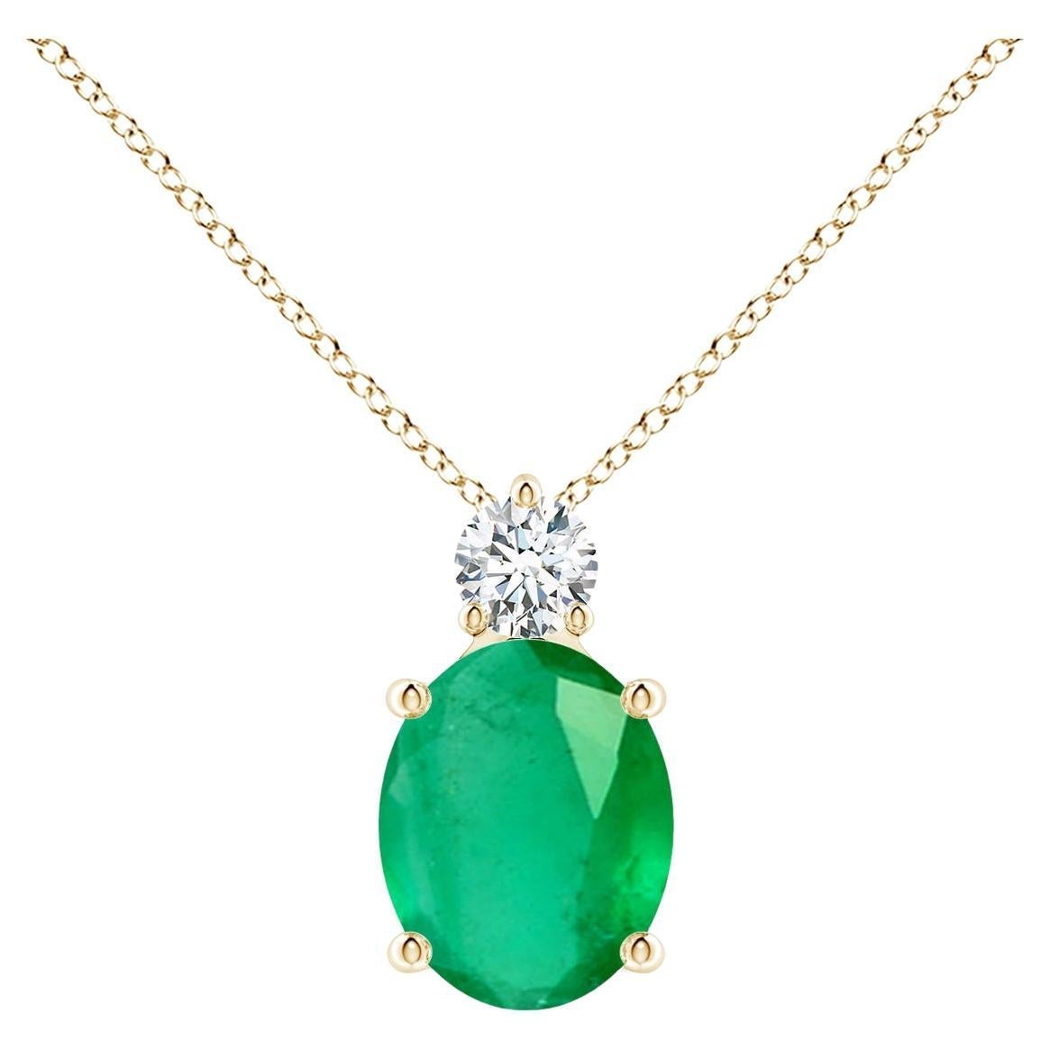 Pendentif solitaire en or jaune 14 carats avec émeraude ovale naturelle de 2,25 carats et diamants