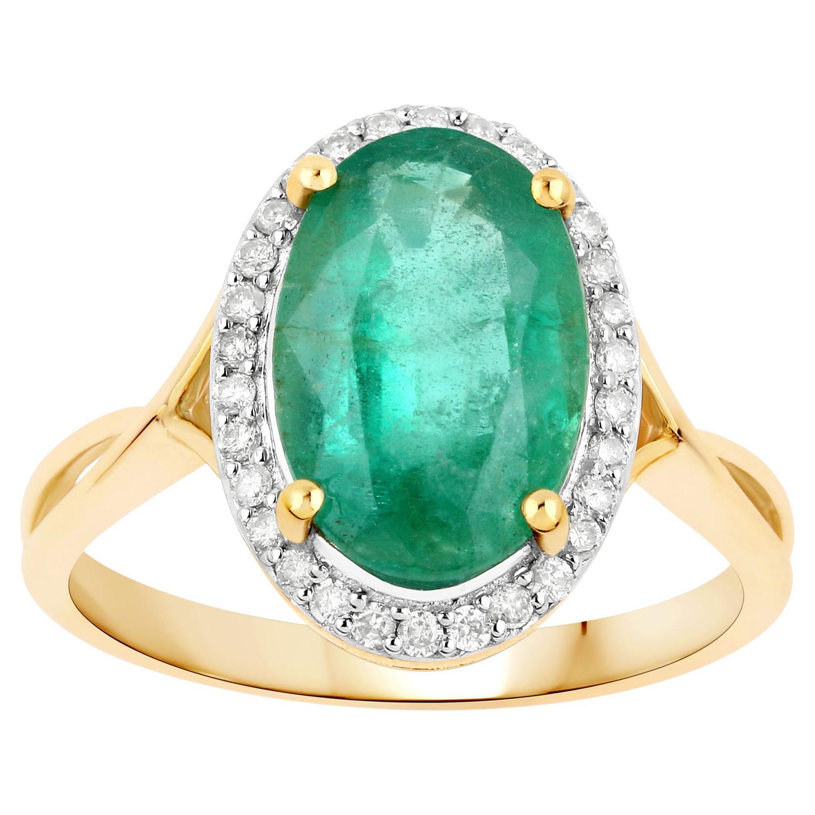 Natural Oval 3 Carat Zambian Emerald & Diamond Halo Ring 14k Yellow Gold